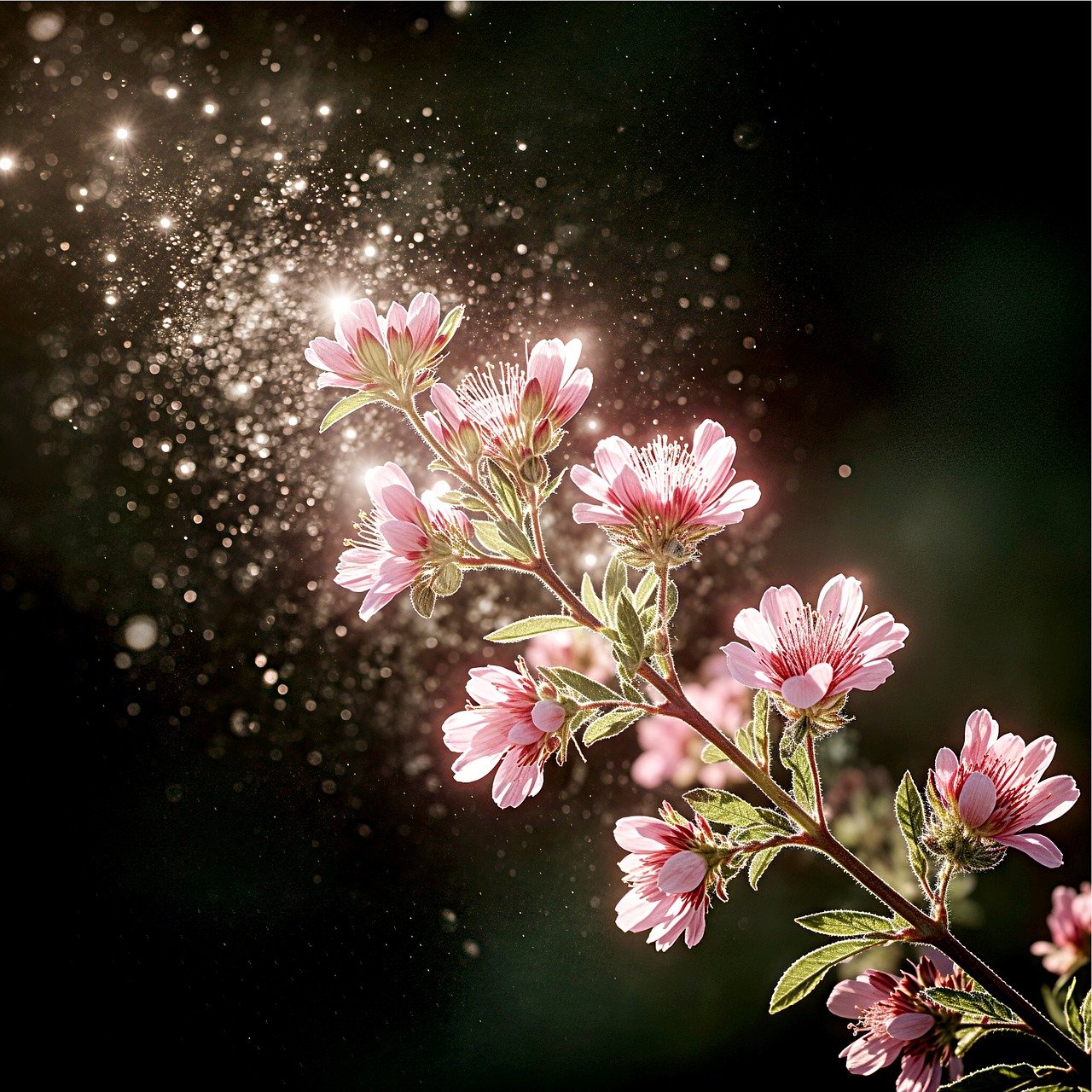 blossom, bloom, nature, flora, inflorescence, pink, background, magic, fairy dust, sparkling, sparkle, close up, ai generated