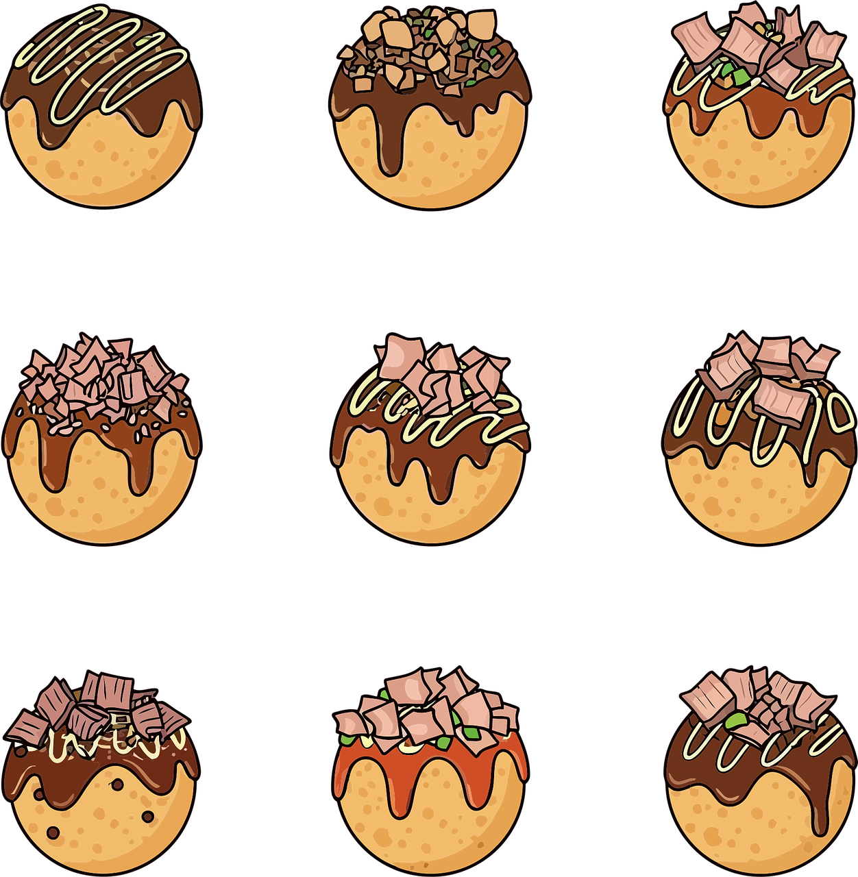 takoyaki, japanese food, street food, snack, appetizer, food, cuisine, japan, octopus, sauce, mayonnaise, bonito flakes, cartoon, drawing, graphic, art, delicious, tasty, asian, set, collection, yummy, fried, icon, ai generated