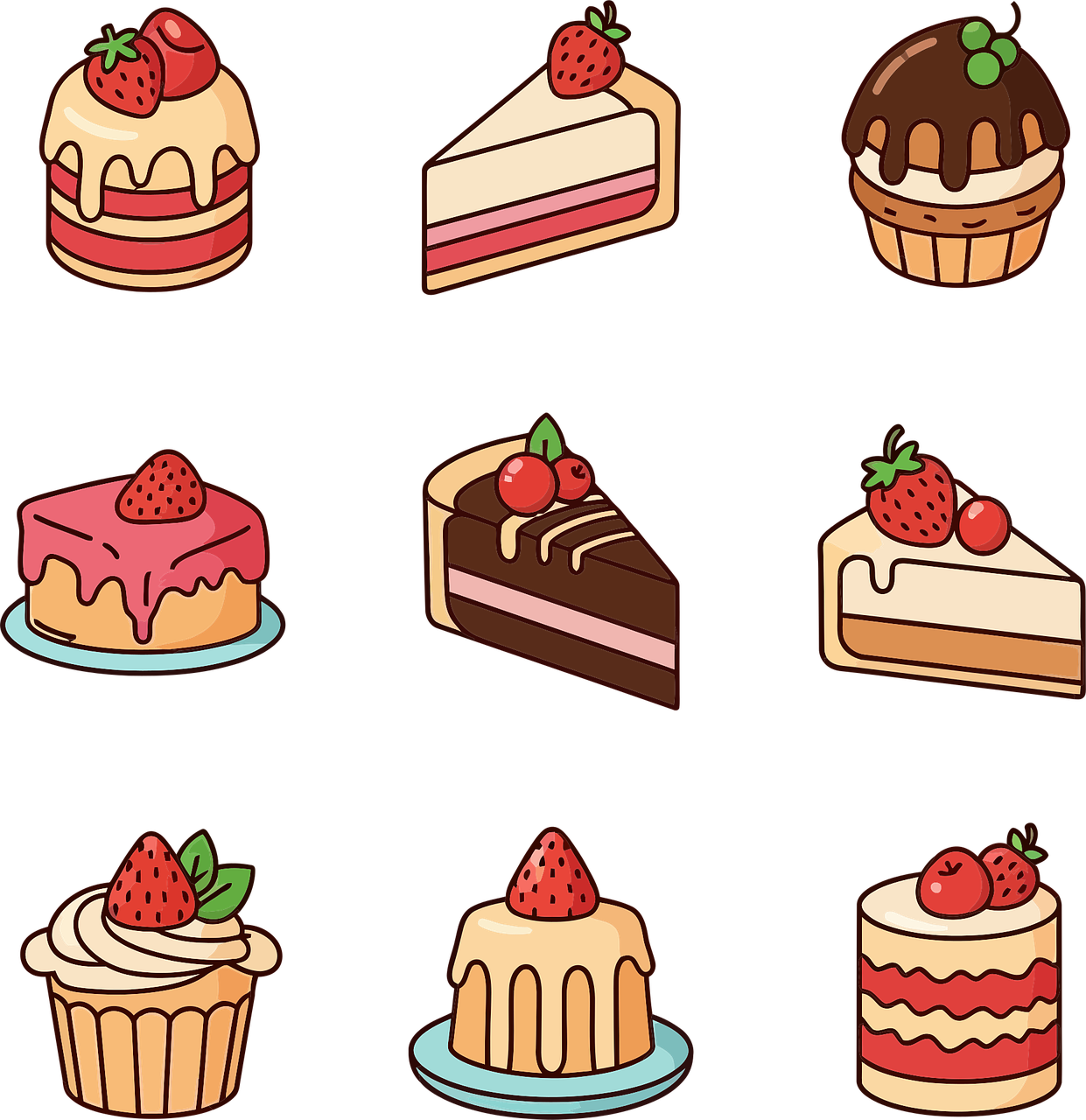 cake, dessert, cupcake, sweet, happy birthday, pastry, bakery, strawberry, chocolate, sweets, food, delicious, cartoon, drawing, celebration, party, menu, snack, treat, baked goods, sugar, tasty, cafe, ai generated