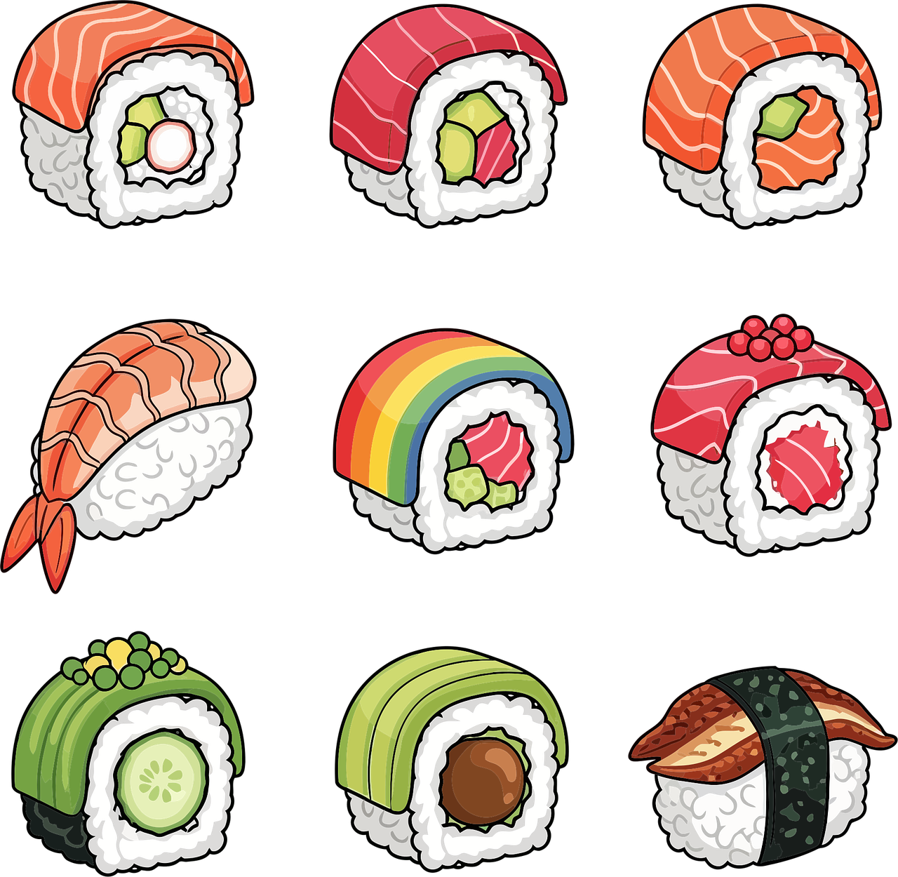 sushi, japanese food, roll, nigiri, salmon, tuna, shrimp, avocado, cucumber, rainbow roll, cartoon, drawing, cuisine, seafood, fish, delicious, restaurant, menu, healthy, asian food, snack, traditional, nature, plate, meal, ai generated