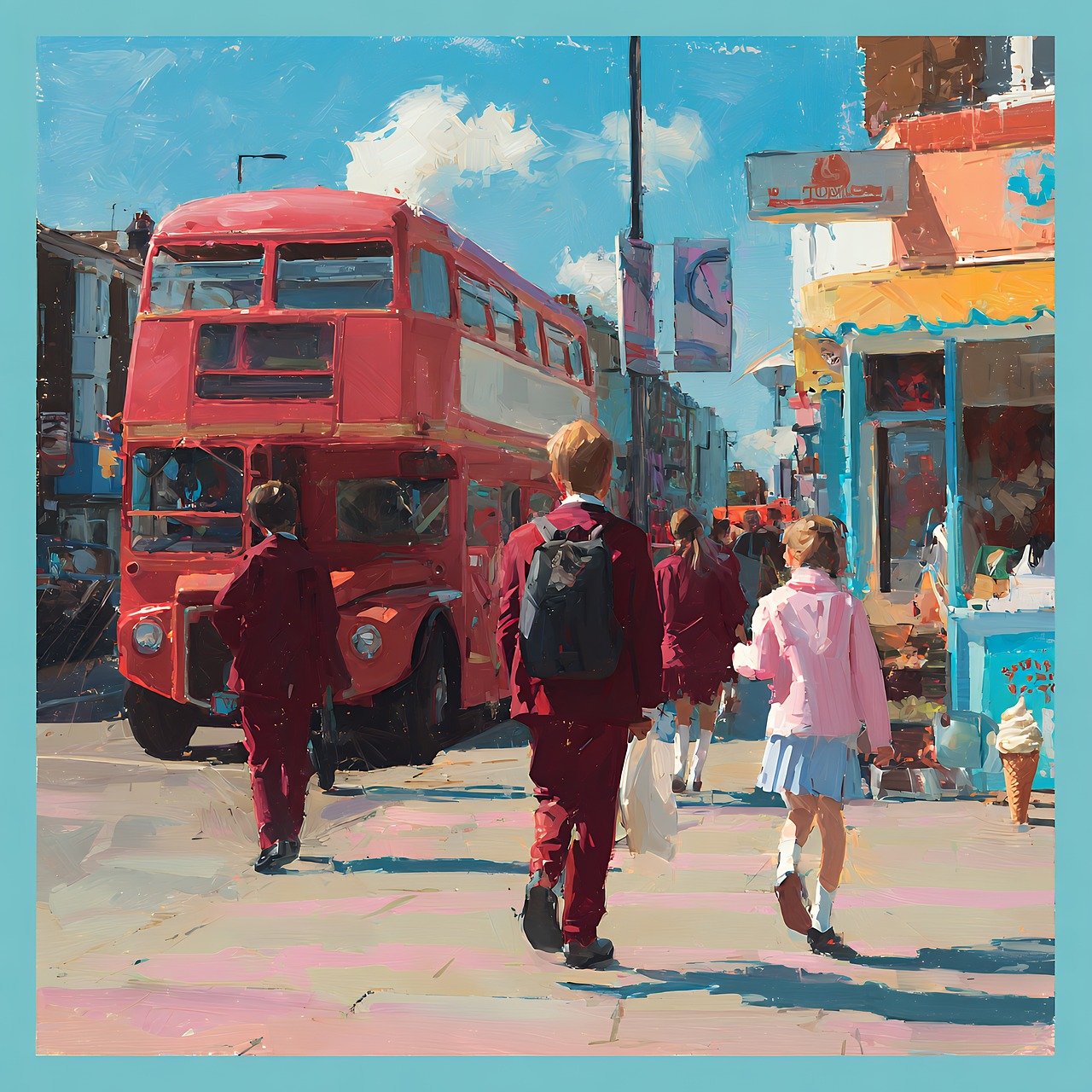 ai generated, london, vintage, retro, street, bus, city, urban, historic, transport, british, england, nostalgic, classic, heritage, sidewalk, architecture, building, shop, store, traditional, iconic, downtown, traffic, european