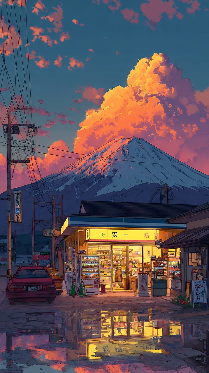ai generated, store, fuji, sunset, clouds, digital, mountain, urban, convenience, dusk, atmospheric, powerlines, street, evening, shop, retail, architecture, cityscape, skyline, dramatic, orange, purple, glow, neon