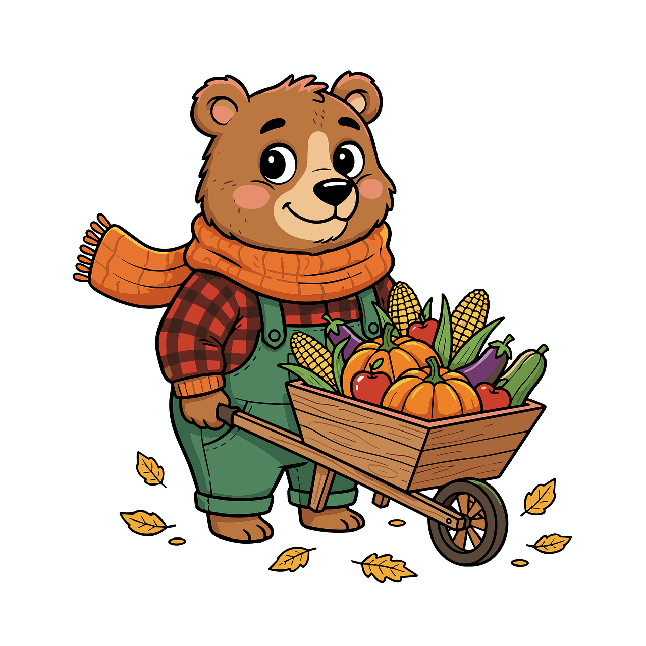 bear, autumn, harvest, vegetables, wheelbarrow, cartoon, cute animal, leaves fall, scarf, happy bear, farm life, seasonal, woodland creature, gardening, orange scarf, cozy outfit, countryside, smiling, farmer bear, nature, thanksgiving, kids illustration, character design, fall season, ai generated