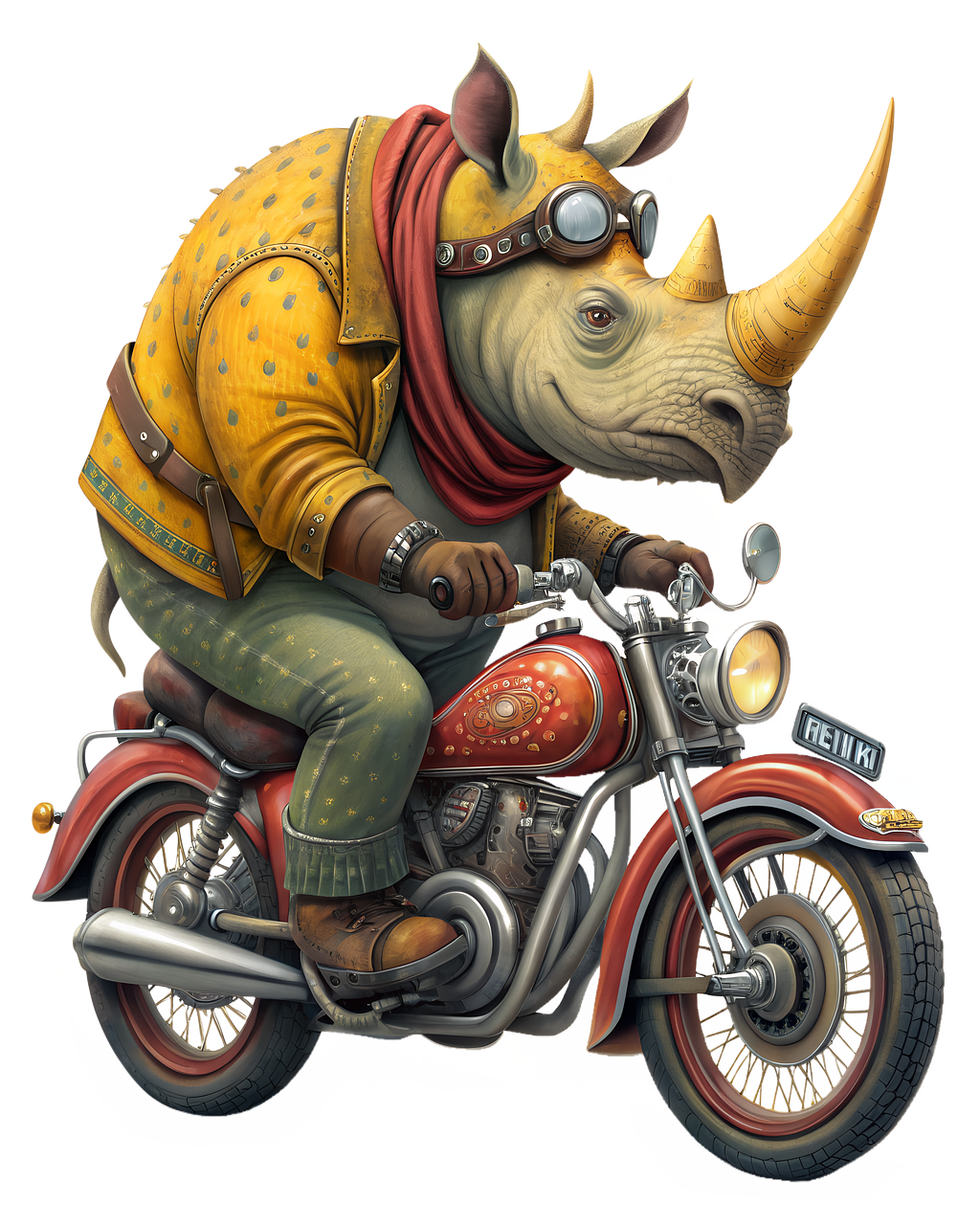biker, motorbike, motorcyclist, transport, rider, harley, trip, rhinoceros, horn, wild, ai generated