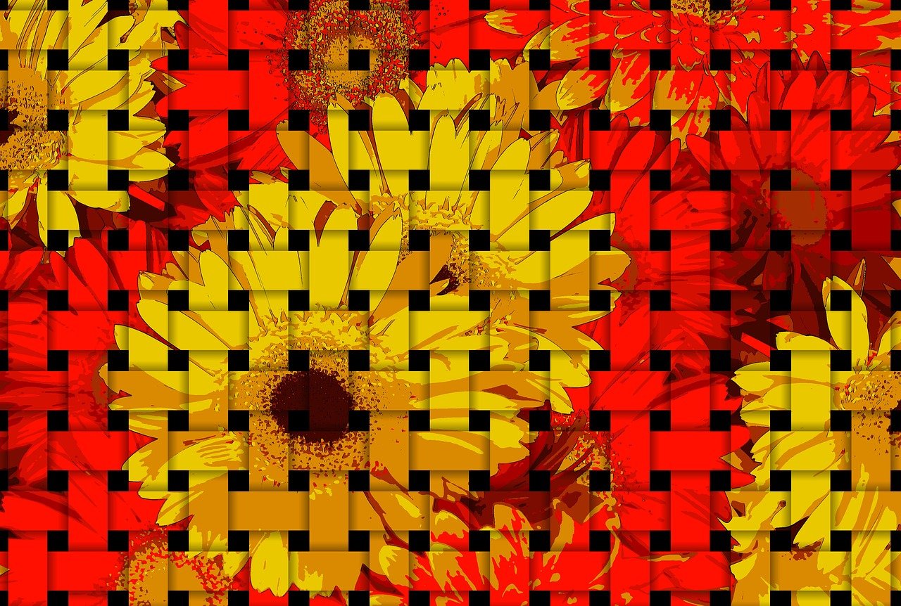 daisies, daisy, nature, bloom, blossom, garden, spring, flower, flora, plant, petals, pattern, woven, weave, texture, yellow, red, colorful, bright, autumn, fall