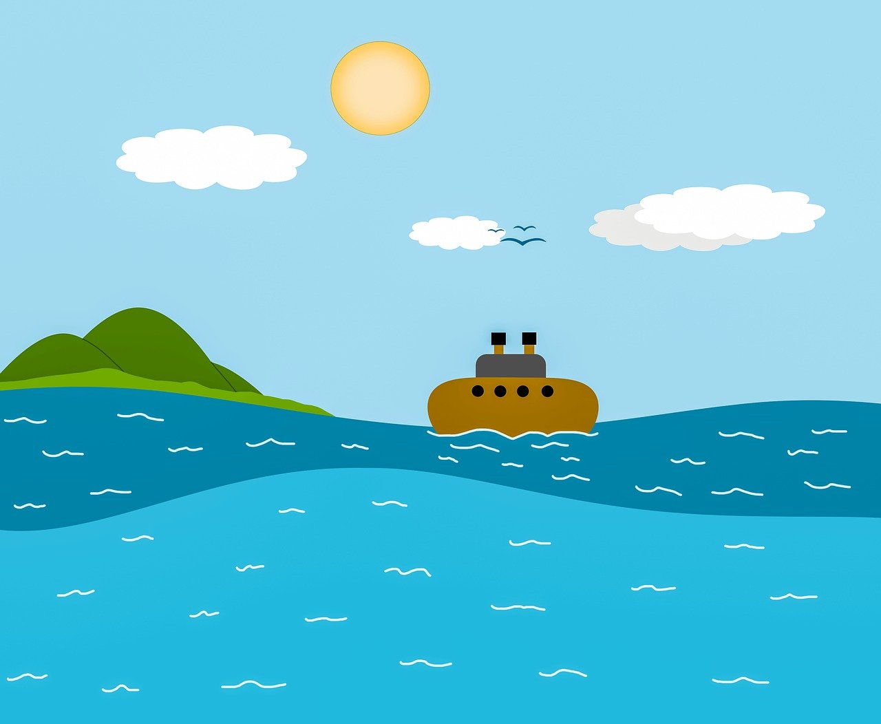 boat, ocean, island, mountains, waves, sailing, design, clouds