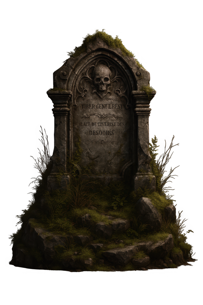 mossy gravestone, gothic tombstone, skull relief, haunted cemetery, old grave marker, weathered stone, dark halloween, spooky monument, overgrown moss, eerie memorial, victorian grave, cemetery art, horror background, gothic architecture, memorial stone, haunted graveyard, antique headstone, stone texture, moody atmosphere, isolated on black, 3d render, death symbol, high detail, ai generated