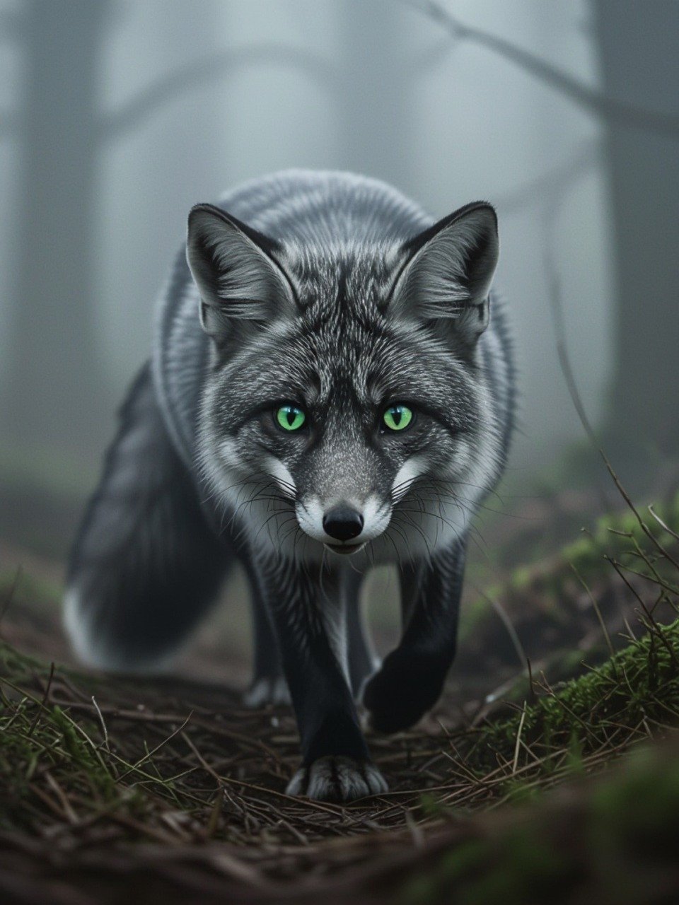 ai generated, fox, mammal, background, animal, wildlife, wild, portrait, forest, trees, forest path, path, fog, wilderness, landscape, moss