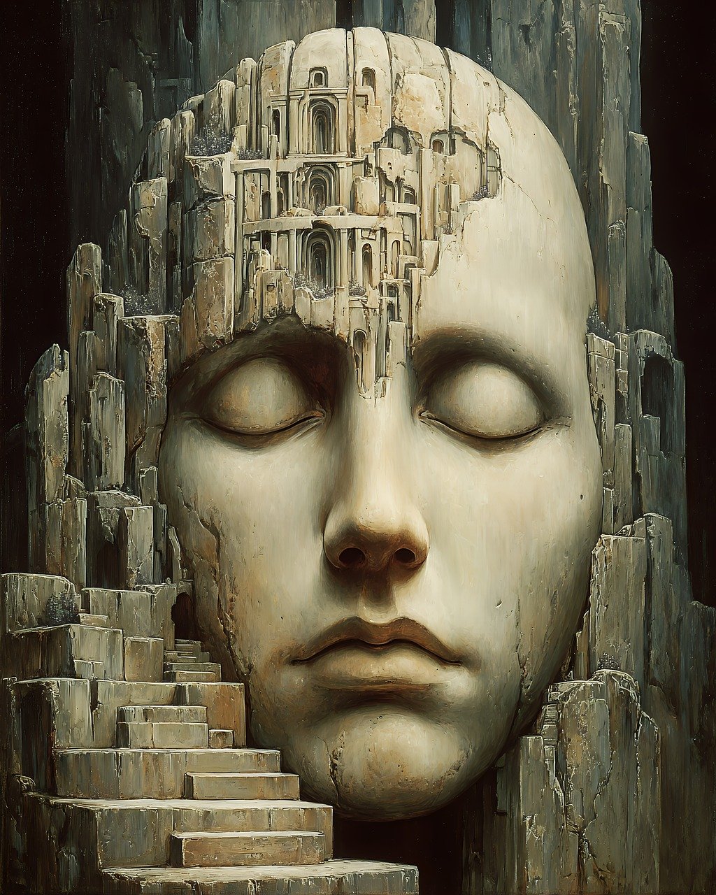surreal, architecture, face, sculpture, dream, castle, steps, fantasy, digital, mystical, stairs, ancient, stone, meditation, peaceful, spiritual, temple, ethereal, geometric, abstract, artistic, metaphysical, mysterious, classical, ai generated