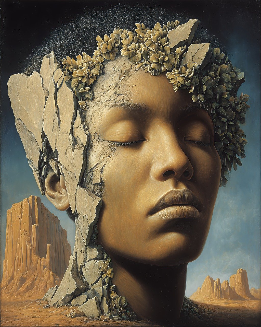 surreal, desert, clay, texture, artistic, portrait, cracking, spiritual, monument, valley, southwest, nature, sandstone, ethereal, dream, meditation, rocks, butte, mesa, transformation, fantasy, conceptual, composition, calm, ai generated
