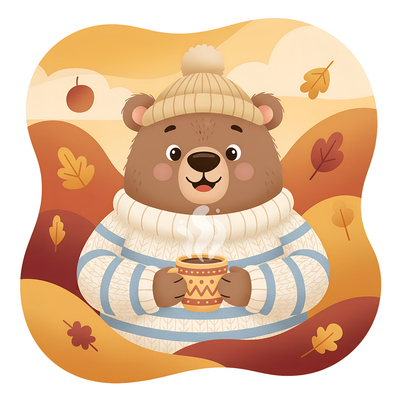 bear, cartoon bear, autumn bear, cozy sweater, hot drink, cup of tea, cup of coffee, fall season, autumn illustration, cute bear, children's illustration, warm colors, autumn leaves, autumn background, cozy vibes, cartoon animal, kids theme, woodland animal, knitted hat, fall cozy, autumn cartoon, vector bear, animal character, harvest season, ai generated