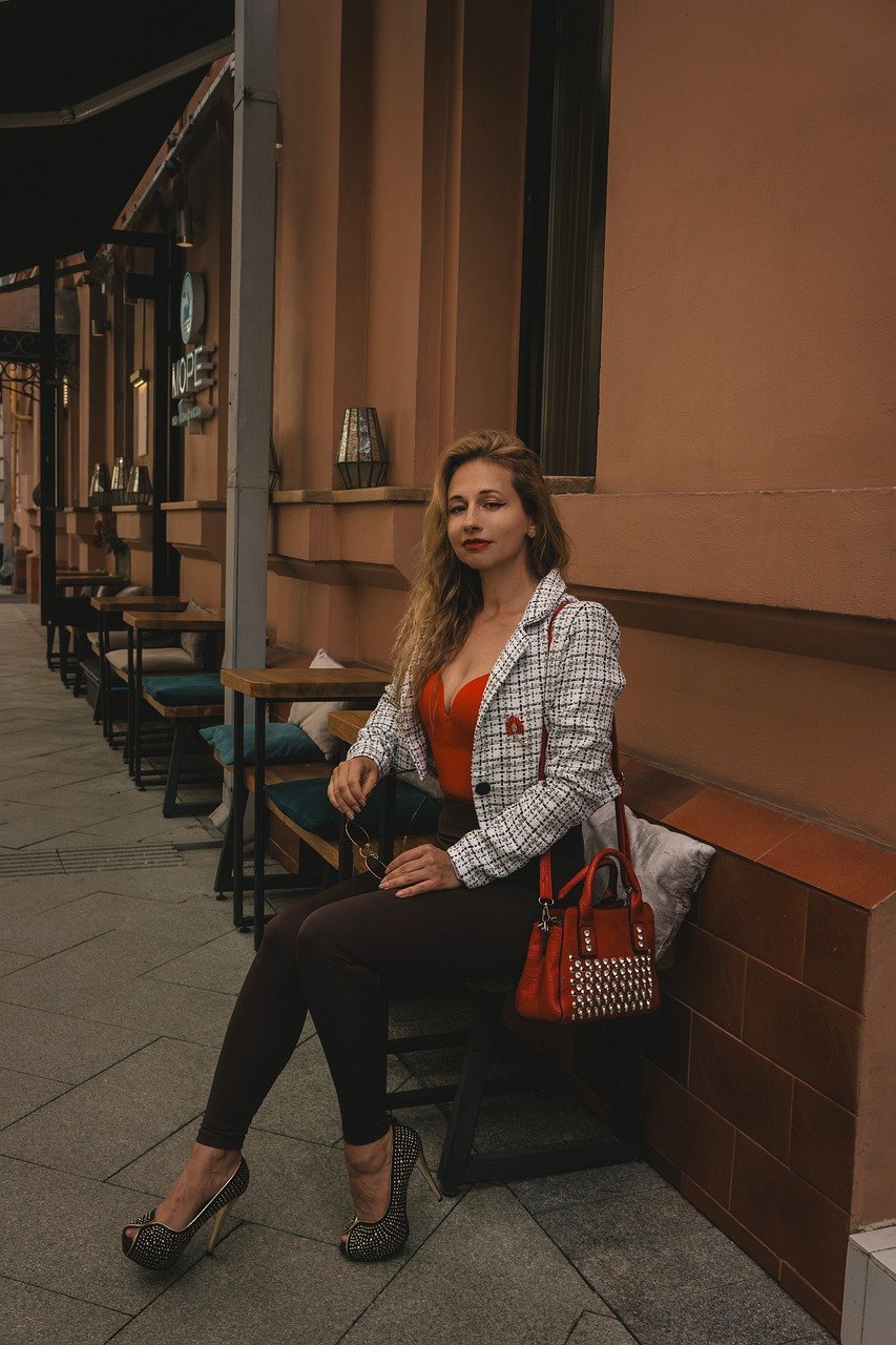 woman, street, city, café, portrait, summer, classic, romantic, model, nature, posing, femininity, tweed jacket, beautiful, red bag