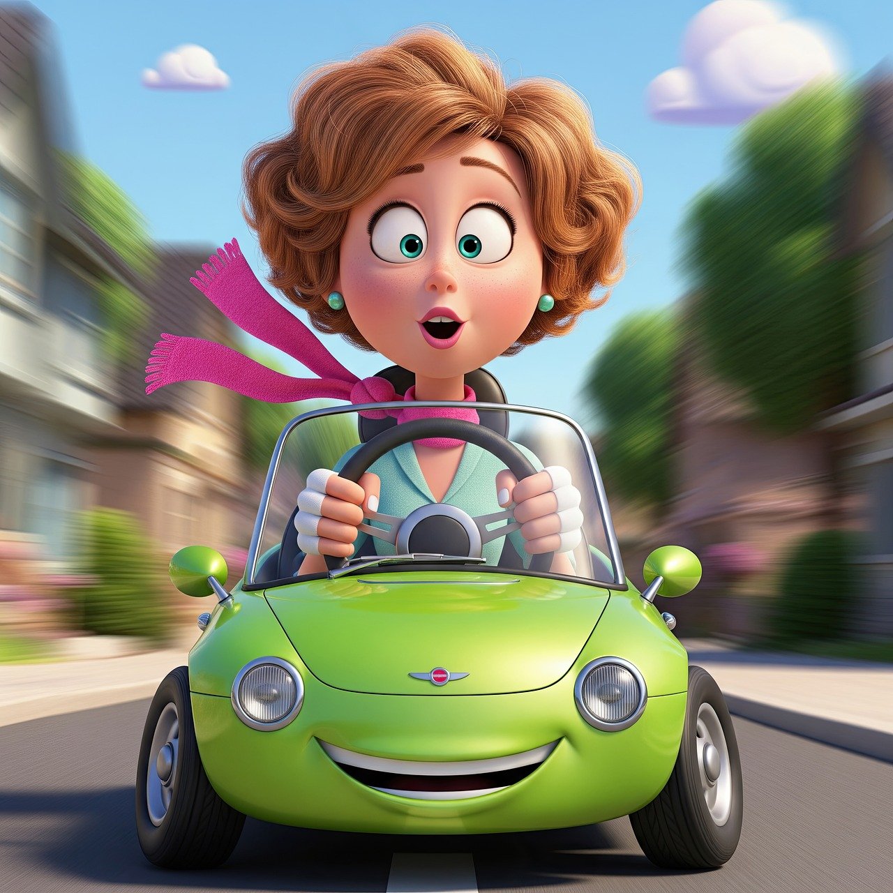female driver, cartoon female driver, cartoon woman at the wheel, automobile, vehicle, ai generated