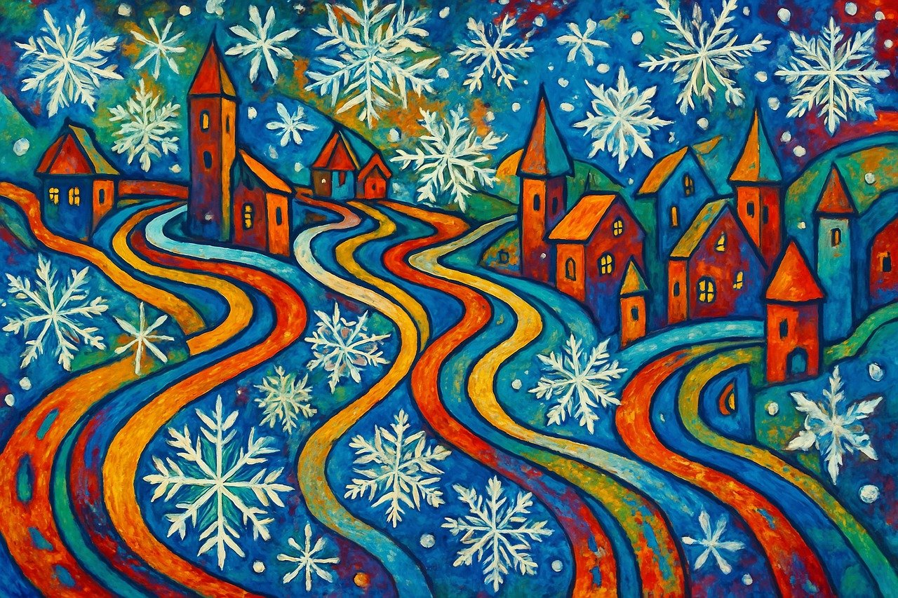 winter, folk art, village, snowflakes, colorful, abstract, whimsical, festive, cold, vibrant, surreal, painting, dreamlike, joyful, holiday, scene, art, fantasy, texture, imaginative, ai generated