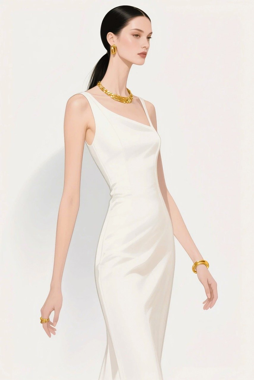 ai gerado, estética mínima, silhueta elegante, estilo elegante, chique moderno, alta moda, visual editorial, vibrações de luxo, mulher sofisticada, retrato minimalista, acessórios ousados, poder de vestir, arte contemporânea, roupa estilosa, paleta monocromática, beleza atemporal, fundo limpo, estilo pernas longas, jóias de declaração, pose confiante, atitude feroz, moda de vanguarda, acabamento brilhante, vestido branco, detalhes em ouro