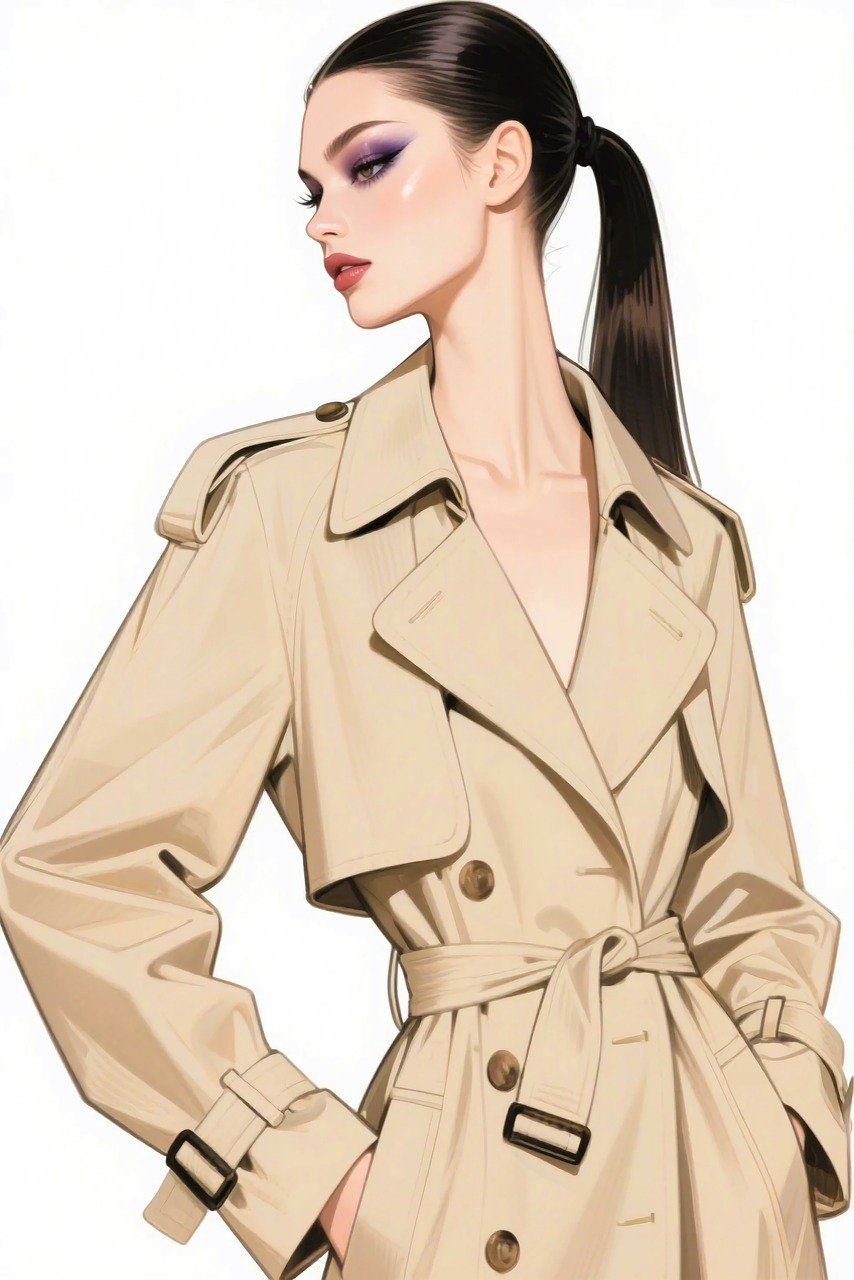 ai gerado, estética mínima, silhueta elegante, estilo elegante, chique moderno, alta moda, visual editorial, vibrações de luxo, mulher sofisticada, retrato minimalista, delineador ousado, alfaiataria estruturada, roupa estilosa, paleta monocromática, beleza atemporal, fundo limpo, estilo de cabelo comprido, pose confiante, atitude feroz, moda de vanguarda, lábios brilhantes, trench coat, tons neutros, arte contemporânea, ícone da moda