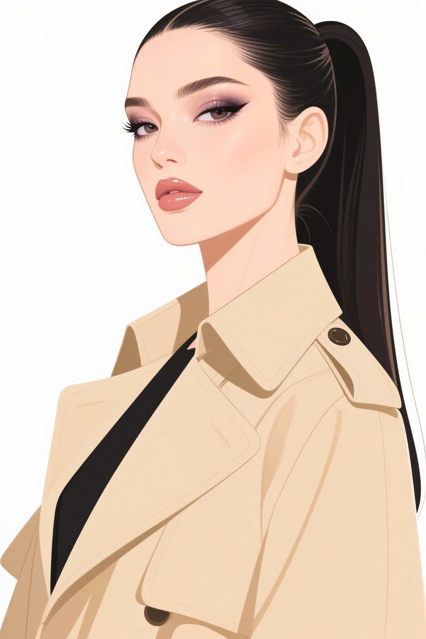 ai gerado, estética mínima, silhueta elegante, estilo elegante, chique moderno, alta moda, visual editorial, vibrações de luxo, mulher sofisticada, retrato minimalista, delineador ousado, alfaiataria estruturada, roupa estilosa, paleta monocromática, beleza atemporal, fundo limpo, estilo de cabelo comprido, pose confiante, atitude feroz, moda de vanguarda, lábios brilhantes, trench coat, tons neutros, arte contemporânea, ícone da moda