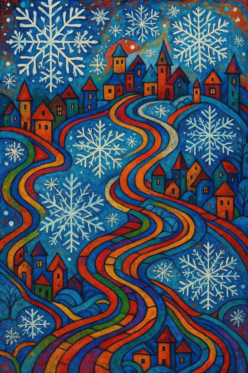 winter, folk art, village, snowflakes, colorful, abstract, whimsical, festive, cold, cheerful, surreal, painting, dreamlike, joyful, holiday, scene, art, fantasy, texture, imaginative, ai generated