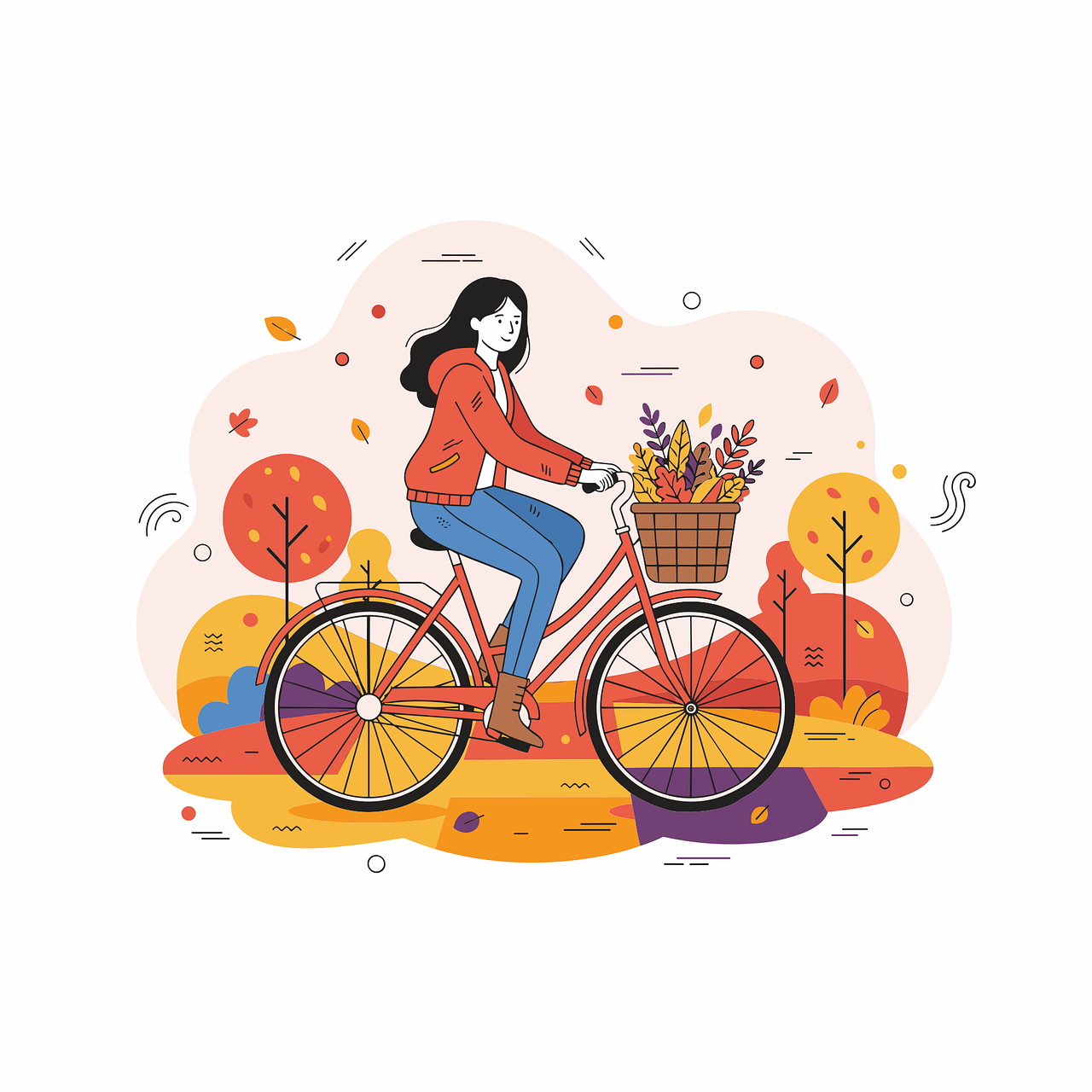 žena jazdiaca na bicykli, jesenný park, bicyklovanie, aktivity v prírode, ekologická doprava, jesenné lístie, farebné stromy, zdravý životný štýl, košík s kvetmi, sezónna jazda, jesenná móda, plochý dizajn, vektorové umenie, veselá nálada, jesenná atmosféra, moderná ilustrácia, štýlová žena, sezónny voľný čas, vonkajšia zábava, fitness aktivita, jazda na bicykli, sezónna radosť, jesenná scéna, ilustrácia životného štýlu, ai generované