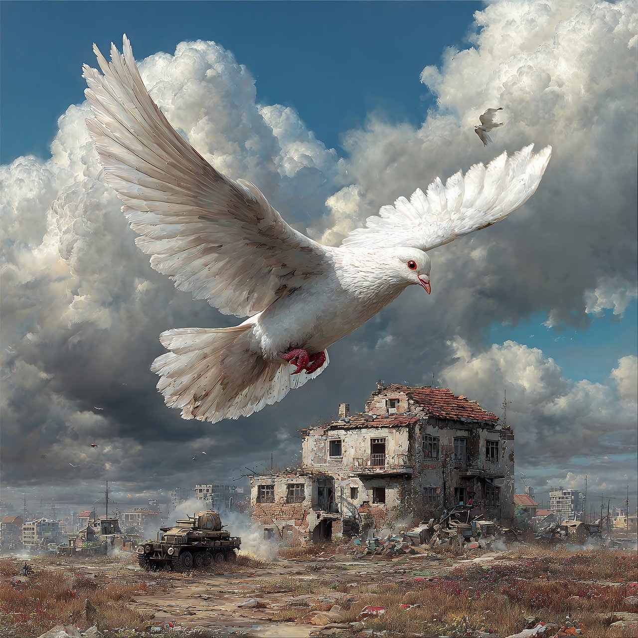 dove, peace, destruction, ruins, building, sky, clouds, apocalyptic, war, hope, freedom, wings, flight, bird, dramatic, desolate, wasteland, nature, abandoned, debris, urban, decay, survival, aftermath, architecture, rubble, ai generated