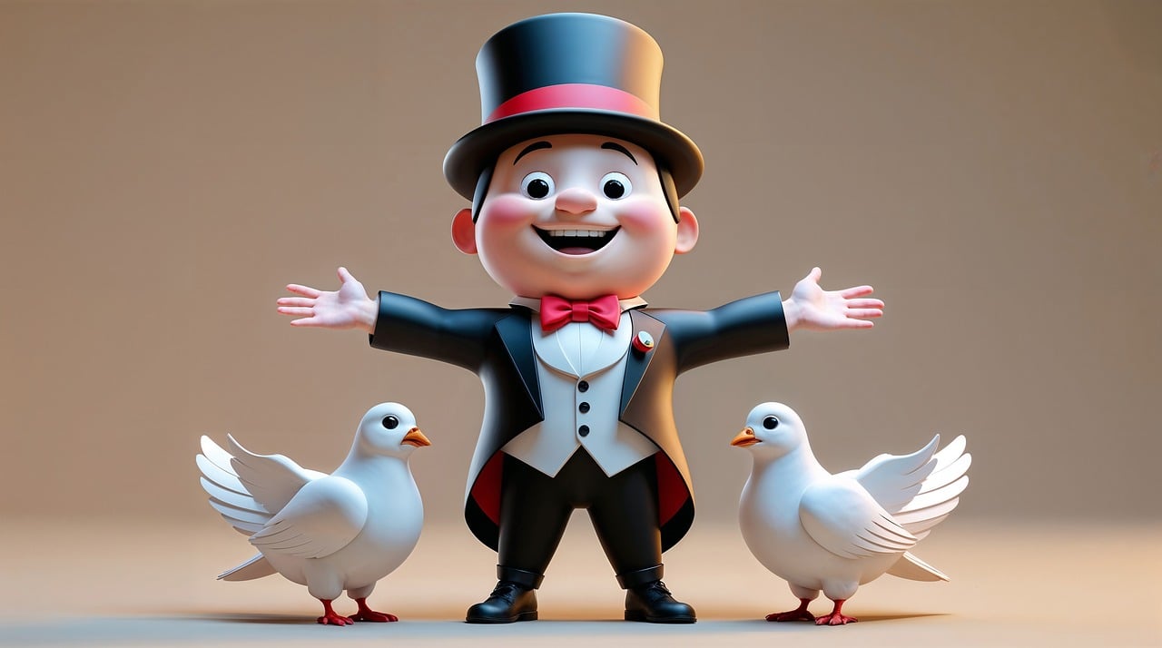 magic, magician, birds, doves, cartoon, character, boy, top hat, tuxedo, bow tie, smile, happy, show, performance, cute, adorable, animated, friendly, cheerful, fantasy, ai generated