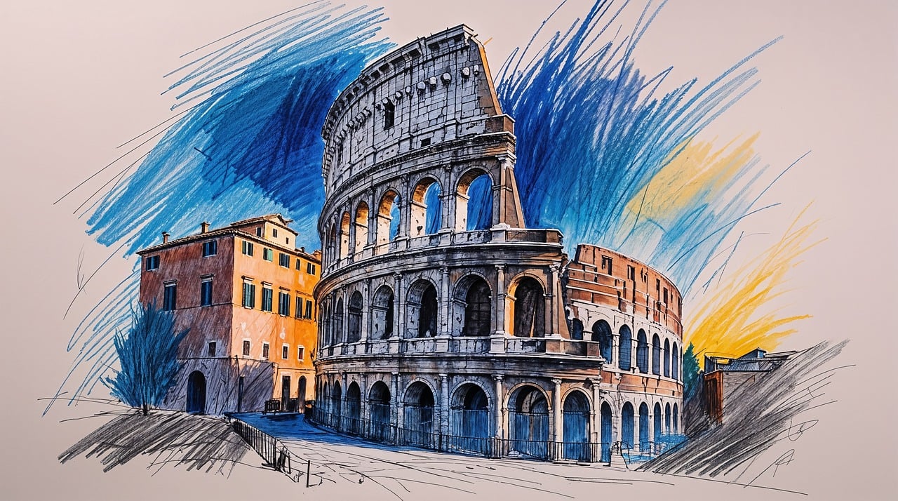 colosseum, rome, italy, ancient, landmark, architecture, historical, sketch, drawing, art, vibrant, blue, yellow, sunlight, ruin, amphitheater, urban, monument, travel, ai generated