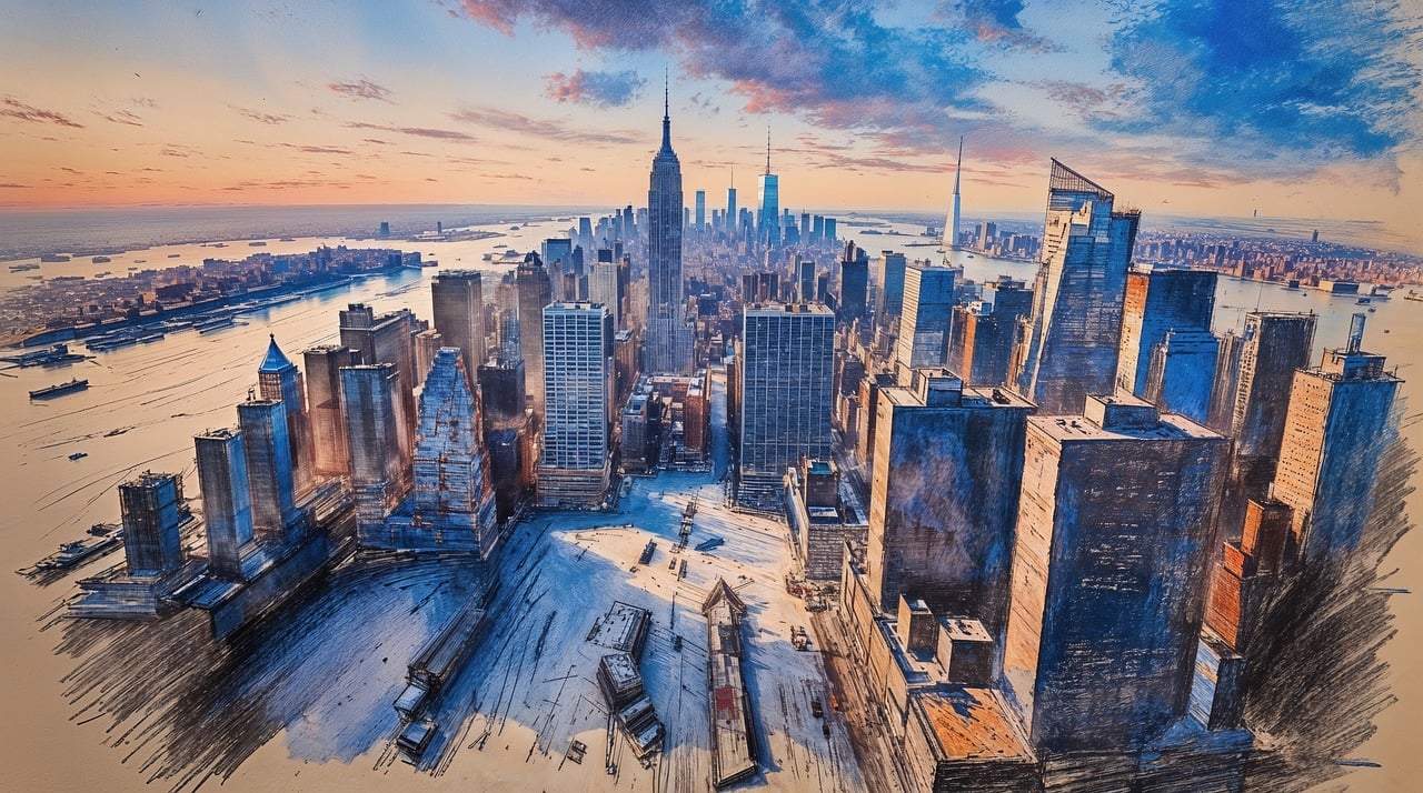 new york city, skyline, skyscrapers, urban, cityscape, metropolis, drawing, sketch, watercolor, impressionistic, sunset, sunrise, buildings, architecture, harbor, river, empire state building, streets, dramatic, view, ai generated