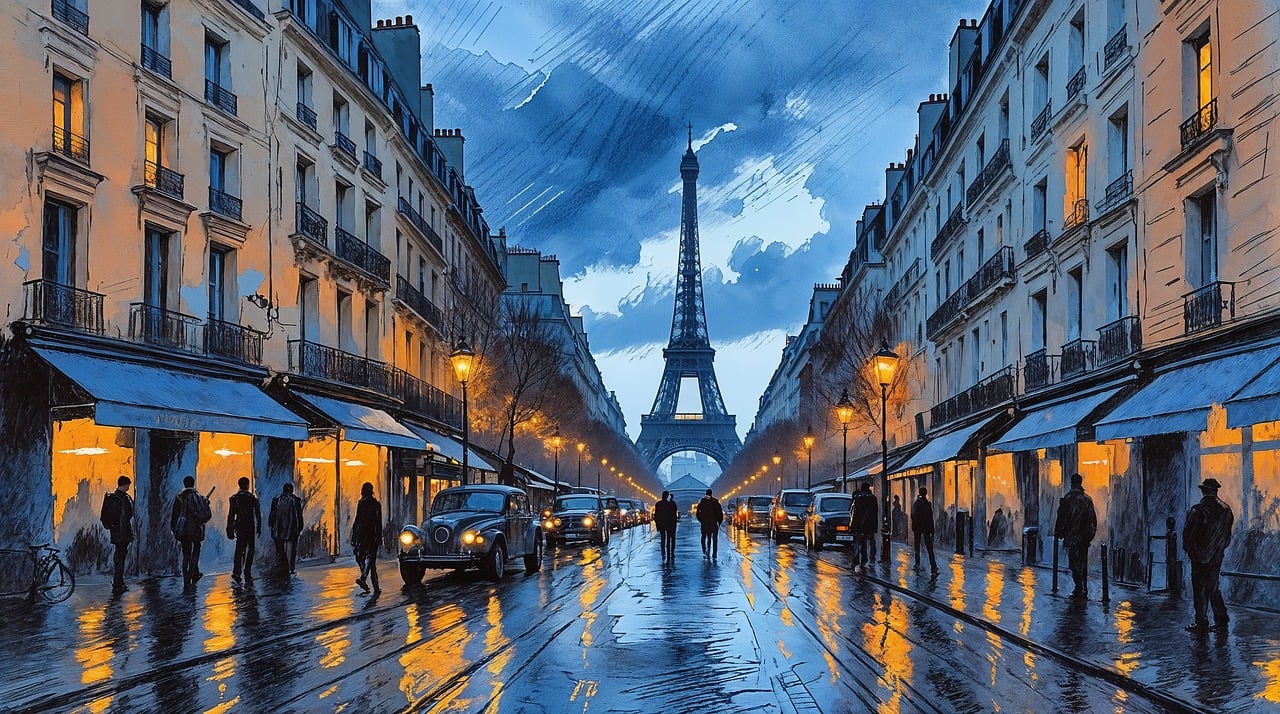 paris, eiffel tower, street, night, rain, reflection, city, urban, watercolor, painting, classic, vintage, cars, people, architecture, blue, romantic, moody, lights, cobblestone, ai generated