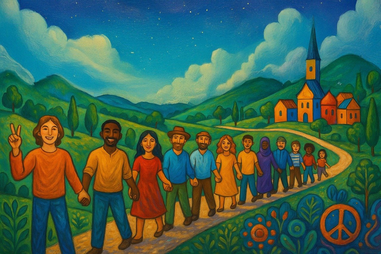 peace, unity, diversity, people, community, togetherness, harmony, walking, path, landscape, folk art, colorful, happy, smiling, friendship, village, nature, journey, hope, solidarity, ai generated