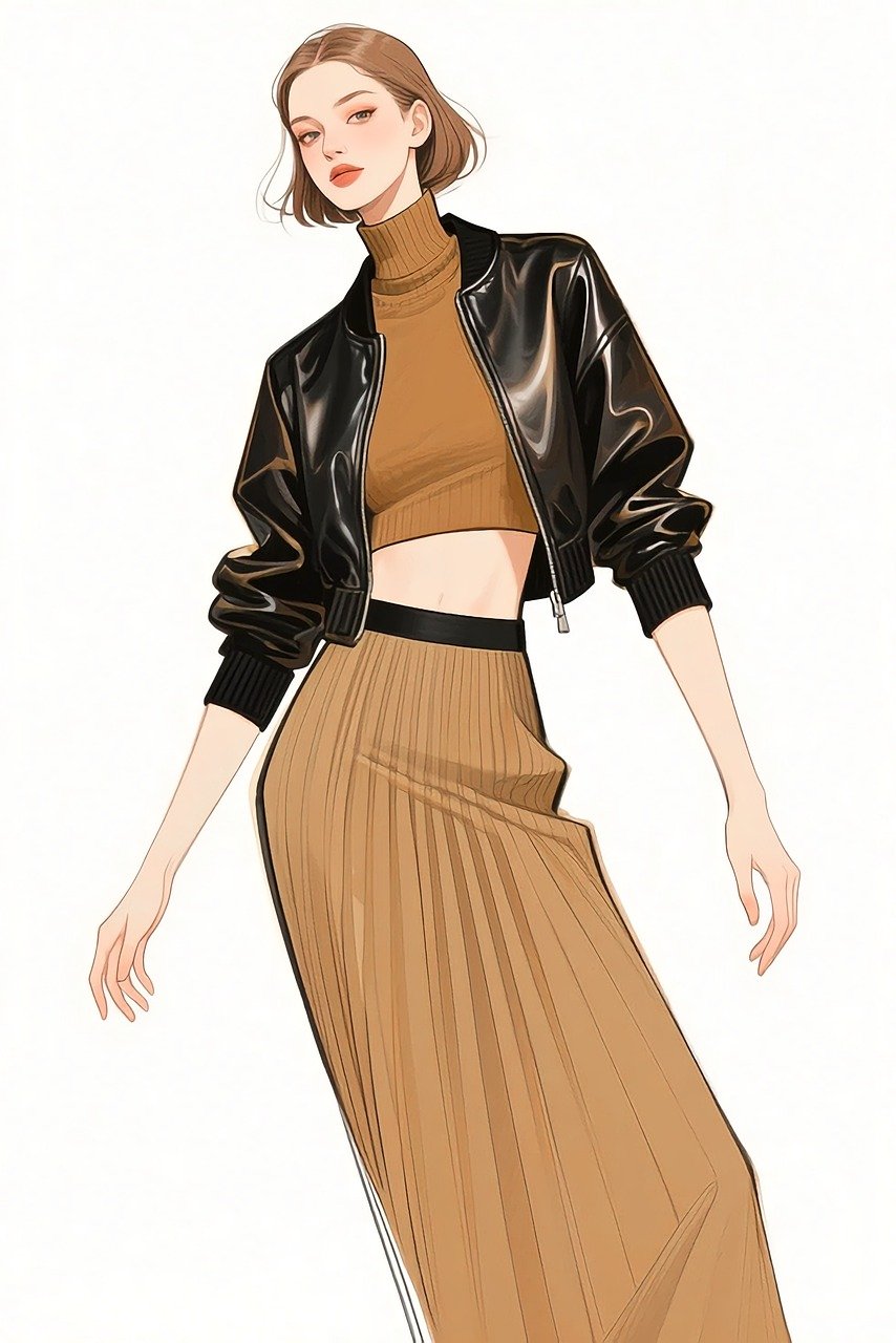 ai generated, edgy chic, leather jacket, pleated skirt, fall fashion, modern elegance, minimalist style, chic woman, stylish look, cropped sweater, fashion sketch, bold fashion, runway vibes, sleek bob haircut, digital fashion art, contemporary chic, edgy yet elegant, autumn style, fashion magazine mood, stylish girl, elegant posture, modern fashionista, high fashion, timeless chic, urban style