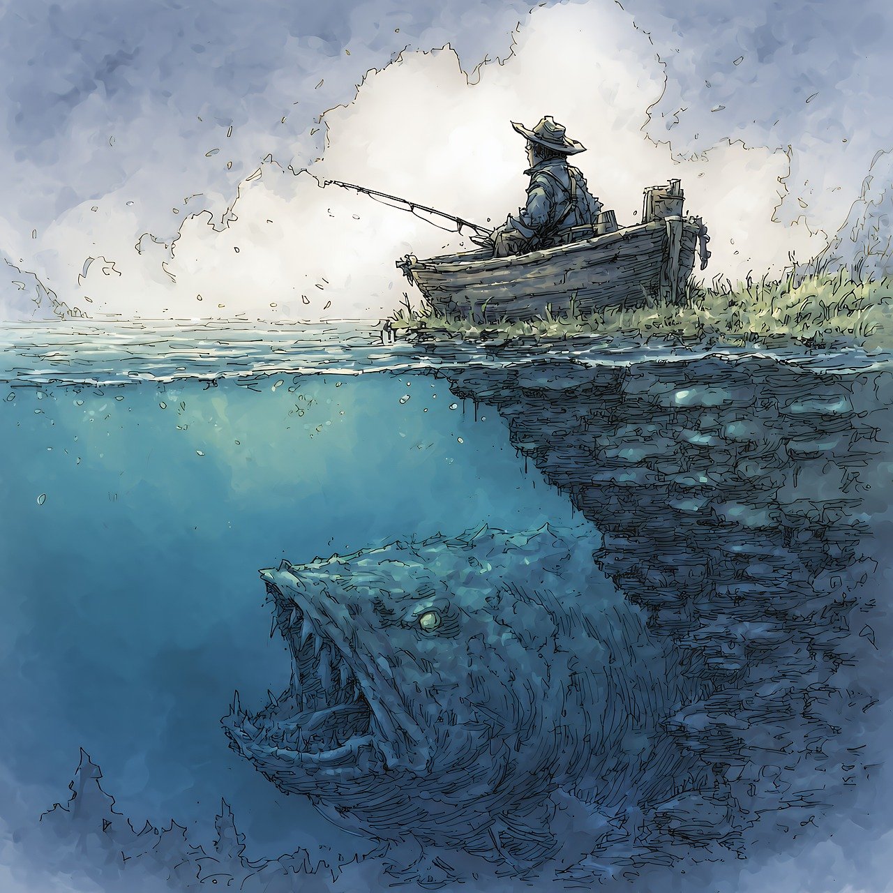 fishing, man, boat, fish, monster, water, sea, ocean, fisherman, rod, angling, lake, river, sport, recreation, hobby, adventure, nature, outdoors, sky, cloud, underwater, artwork, drawing, ai generated