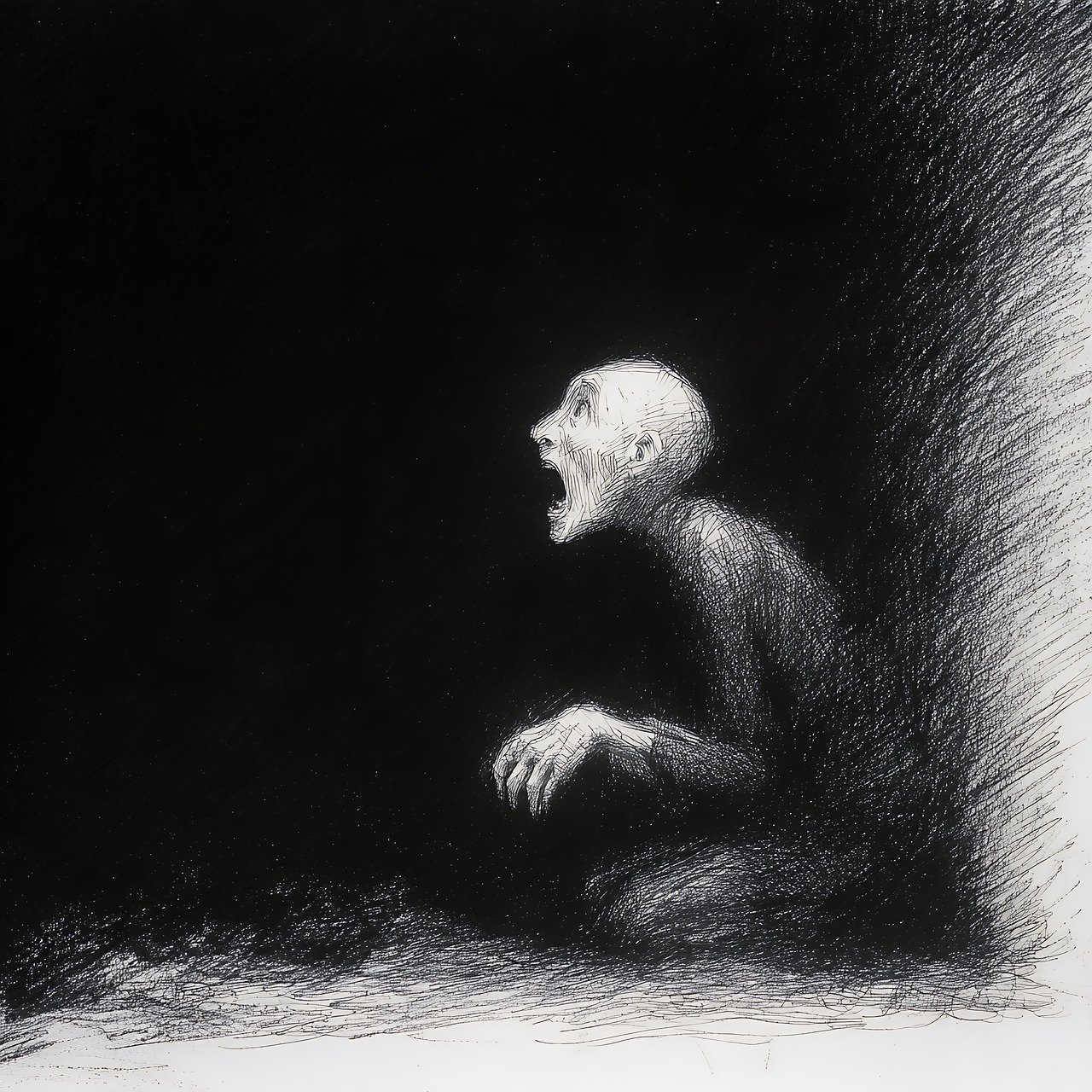 man, screaming, dark, corner, fear, anxiety, despair, sadness, horror, agony, depression, emotion, mental, health, scream, pain, terror, nightmare, stress, alone, silhouette, shadow, figure, person, ai generated