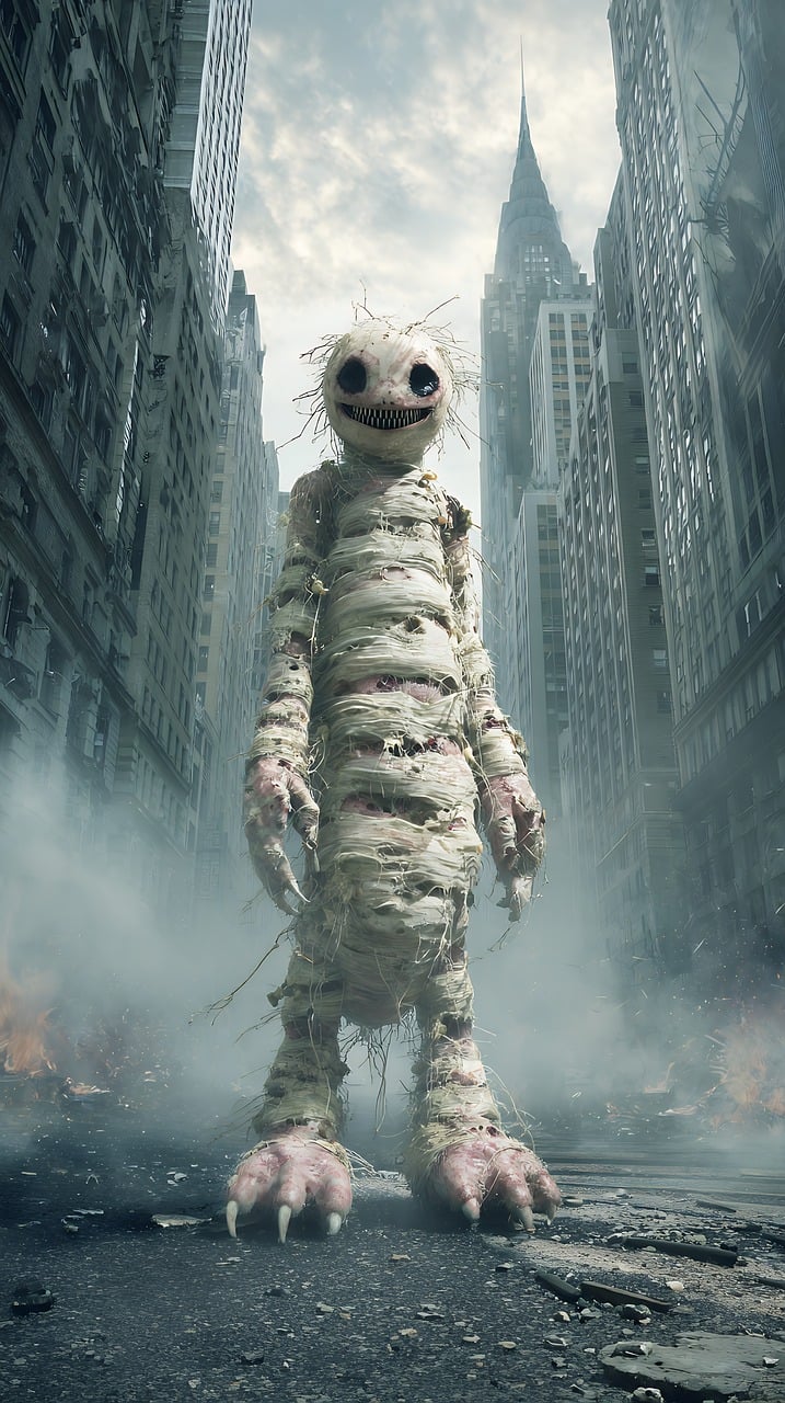 ai generated, creature, monster, alien, humanoid, mummy, bandages, city, destroyed, ruins, apocalypse, post, disaster, building, street, downtown, weird, strange, spooky, scary, fantasy, science, fiction, future, war