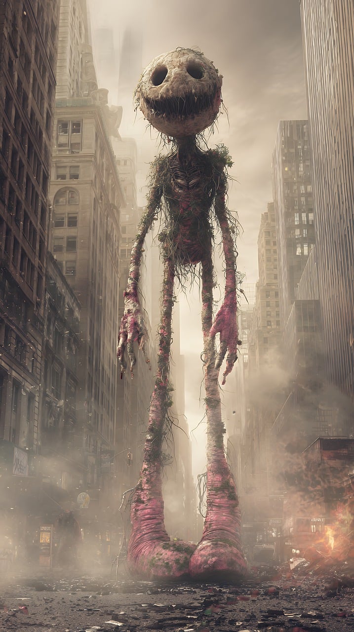 figure, creepy, tall, city, street, building, urban, strange, monster, scary, surreal, weird, spooky, fantasy, horror, artwork, art, design, downtown, architecture, nobody, outside, day, environment, ai generated