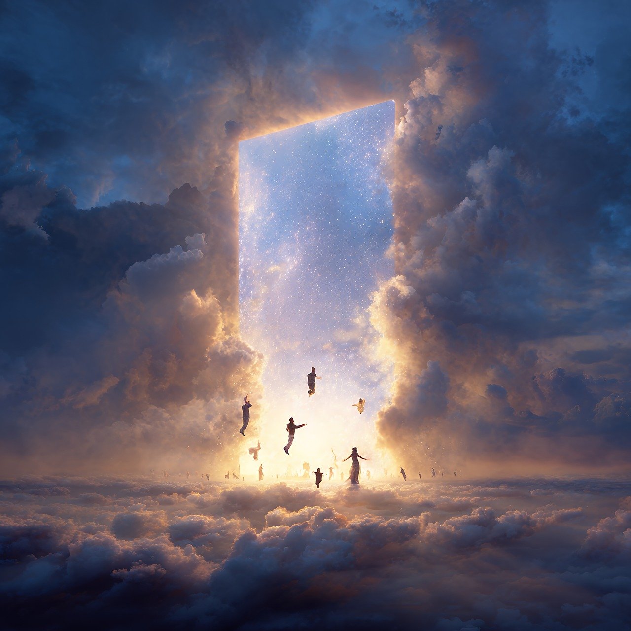people, clouds, sky, dream, surreal, heaven, light, doorway, escape, flying, freedom, hope, spirit, ethereal, fantasy, imagination, ascension, silhouette, journey, travel, adventure, religious, spiritual, afterlife, ai generated