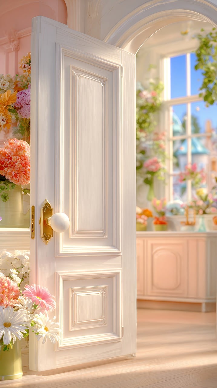 door, flowers, floral, shop, open, window, light, bright, store, bouquet, arrangement, blossom, bloom, design, interior, building, architecture, decoration, celebration, spring, summer, petal, color, vibrant, ai generated