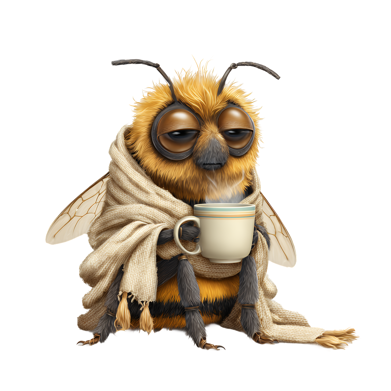 bee, coffee, tired, sleepy, insect, cute, cartoon, character, blanket, cup, funny, honey, wings, antenna, cozy, drink, morning, caffeine, humor, adorable, digital, artwork, animation, yellow, ai generated