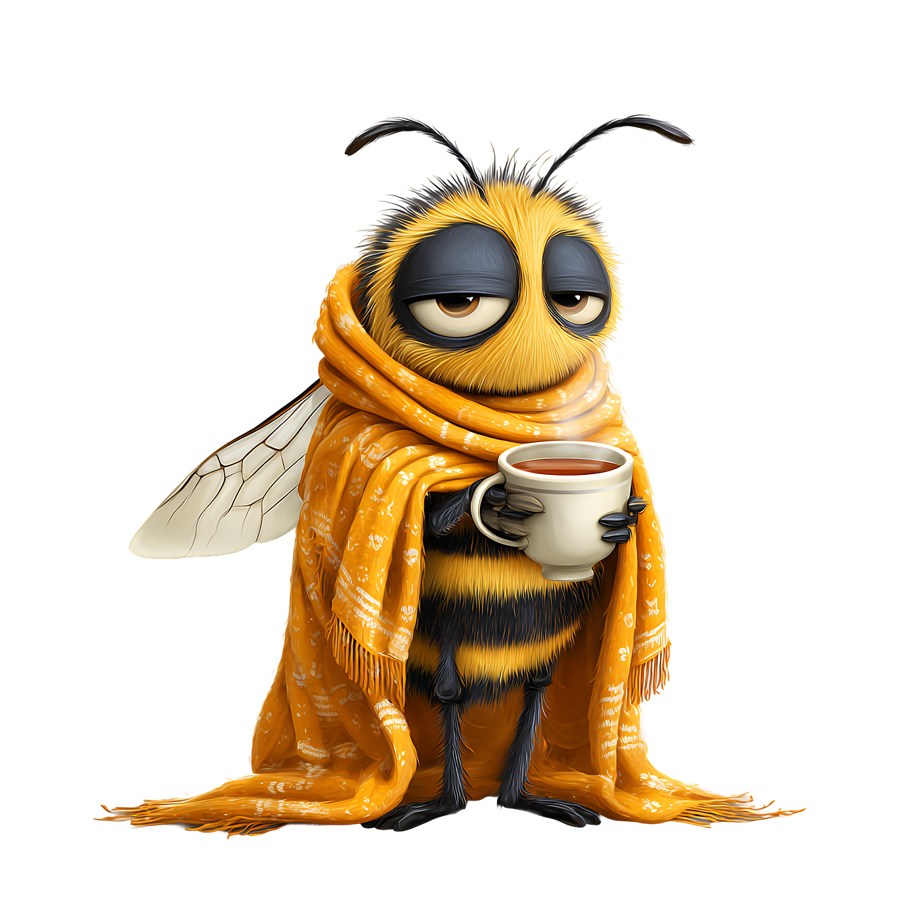 bee, coffee, tired, sleepy, insect, cute, cartoon, character, blanket, cup, funny, honey, wings, antenna, cozy, drink, morning, caffeine, humor, adorable, digital, artwork, animation, yellow, ai generated