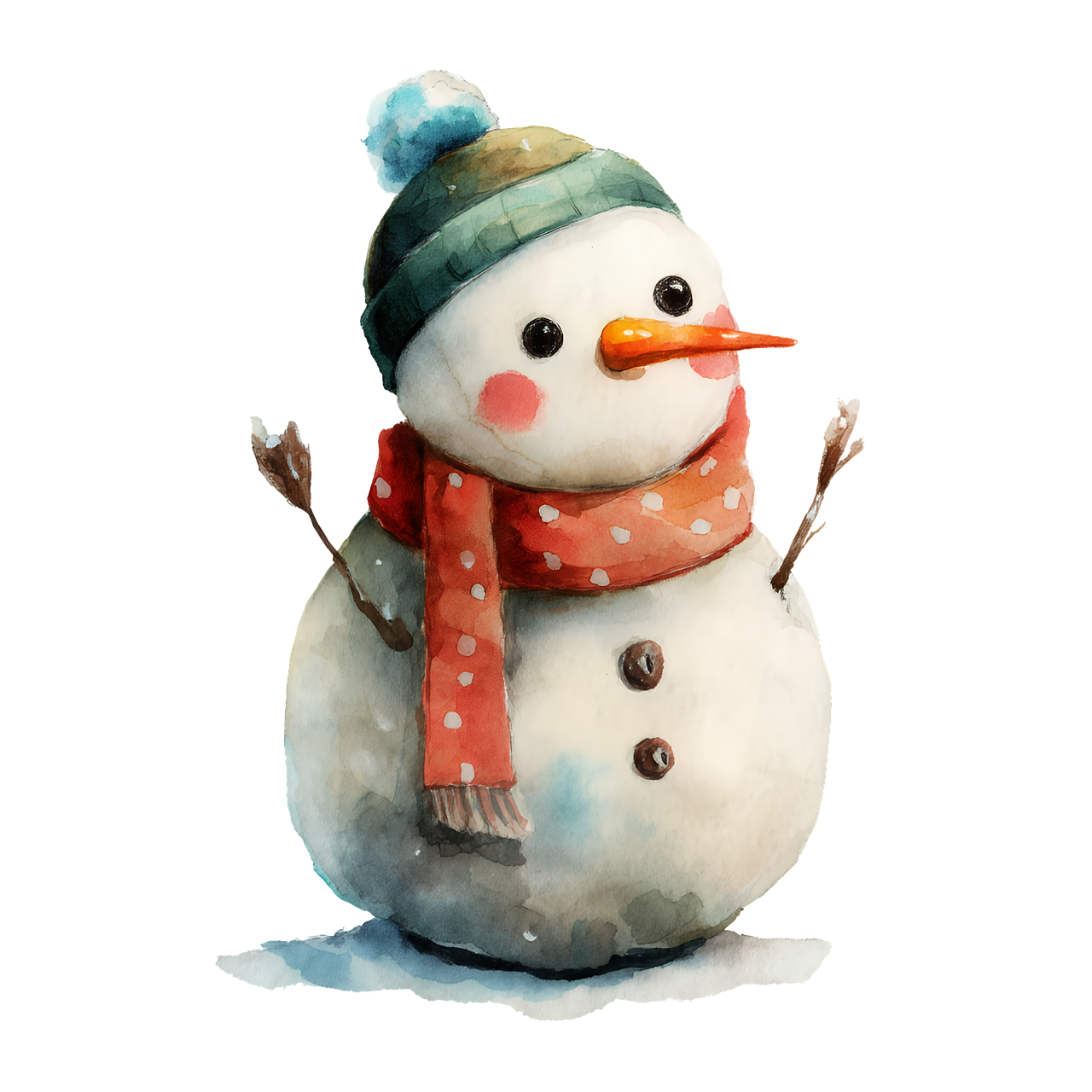 snowman, watercolor, winter, hat, scarf, carrot, snow, holiday, seasonal, festive, december, christmas, painting, artistic, traditional, cute, character, decorative, cold, frosty, magical, whimsical, cheerful, ai generated
