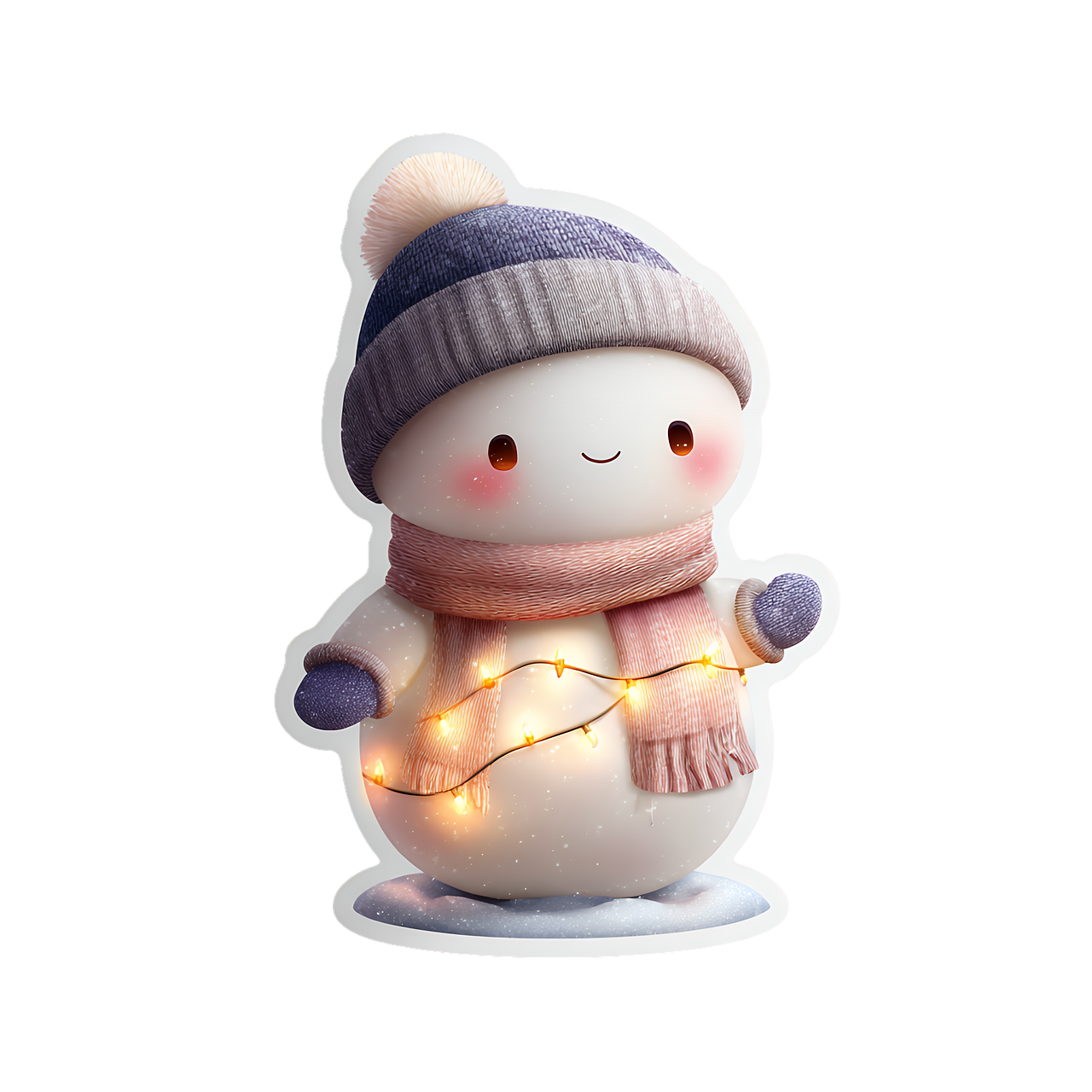 ai generated, snowman, winter, cute, cartoon, 3d, digital, character, glowing, light, cozy, festive, snow, holiday, seasonal, beanie, hat, mittens, purple, white, round, chubby, adorable, friendly