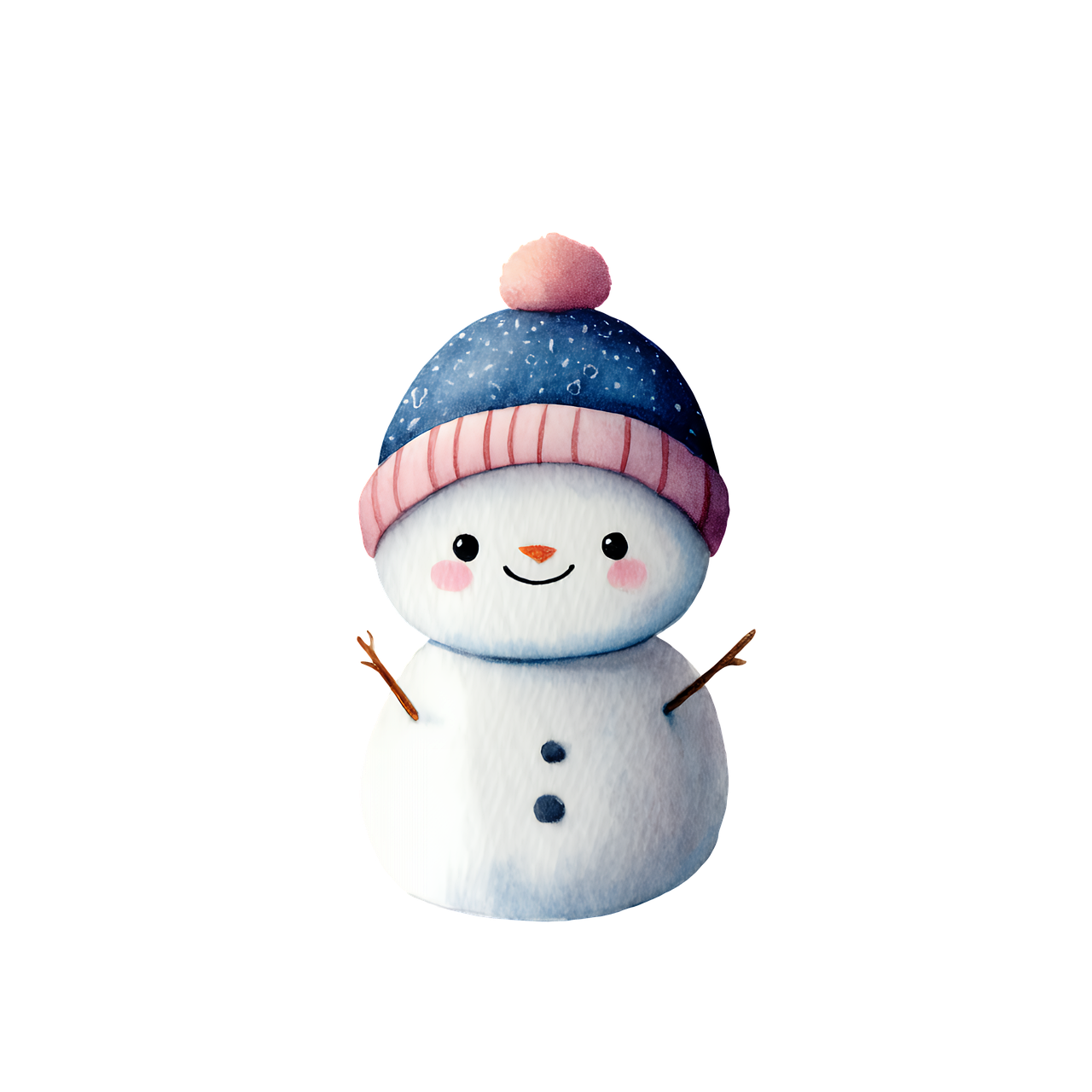 snowman, kawaii, winter, cute, character, cartoon, festive, holiday, christmas, december, snow, white, blue, hat, seasonal, decorative, cheerful, smile, happy, cold, frost, weather, pom, stick, ai generated