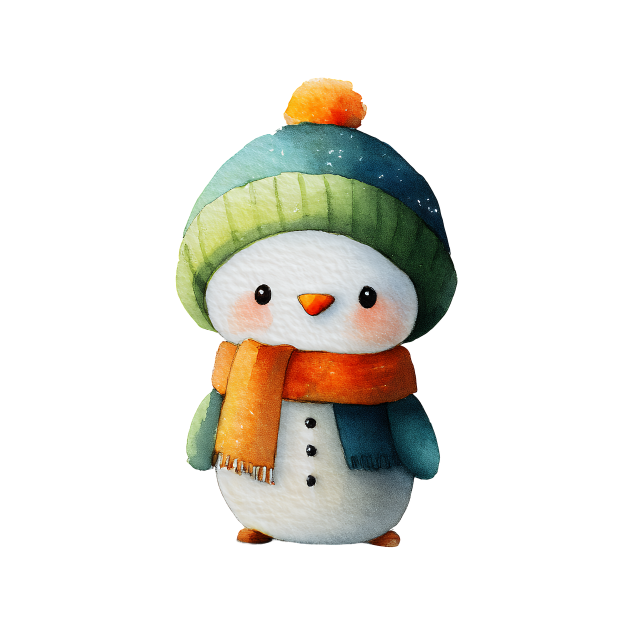 snowman, winter, decoration, toy, miniature, cute, holiday, seasonal, ornament, figurine, festive, decorative, handmade, craft, white, green, orange, knit, hat, scarf, pom, cheerful, snow, december, ai generated