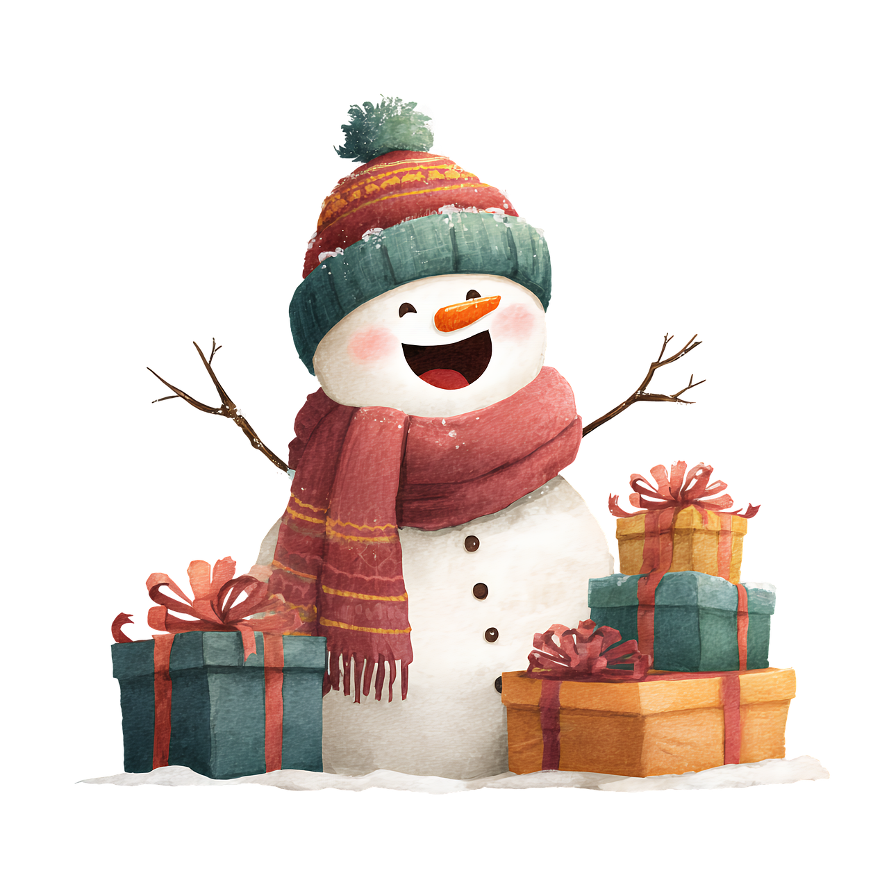 snowman, nature, christmas, winter, holiday, presents, gifts, scarf, hat, decoration, seasonal, festive, snow, cartoon, character, digital, cute, jolly, traditional, celebration, december, greeting, happiness, joyful, cold, ai generated