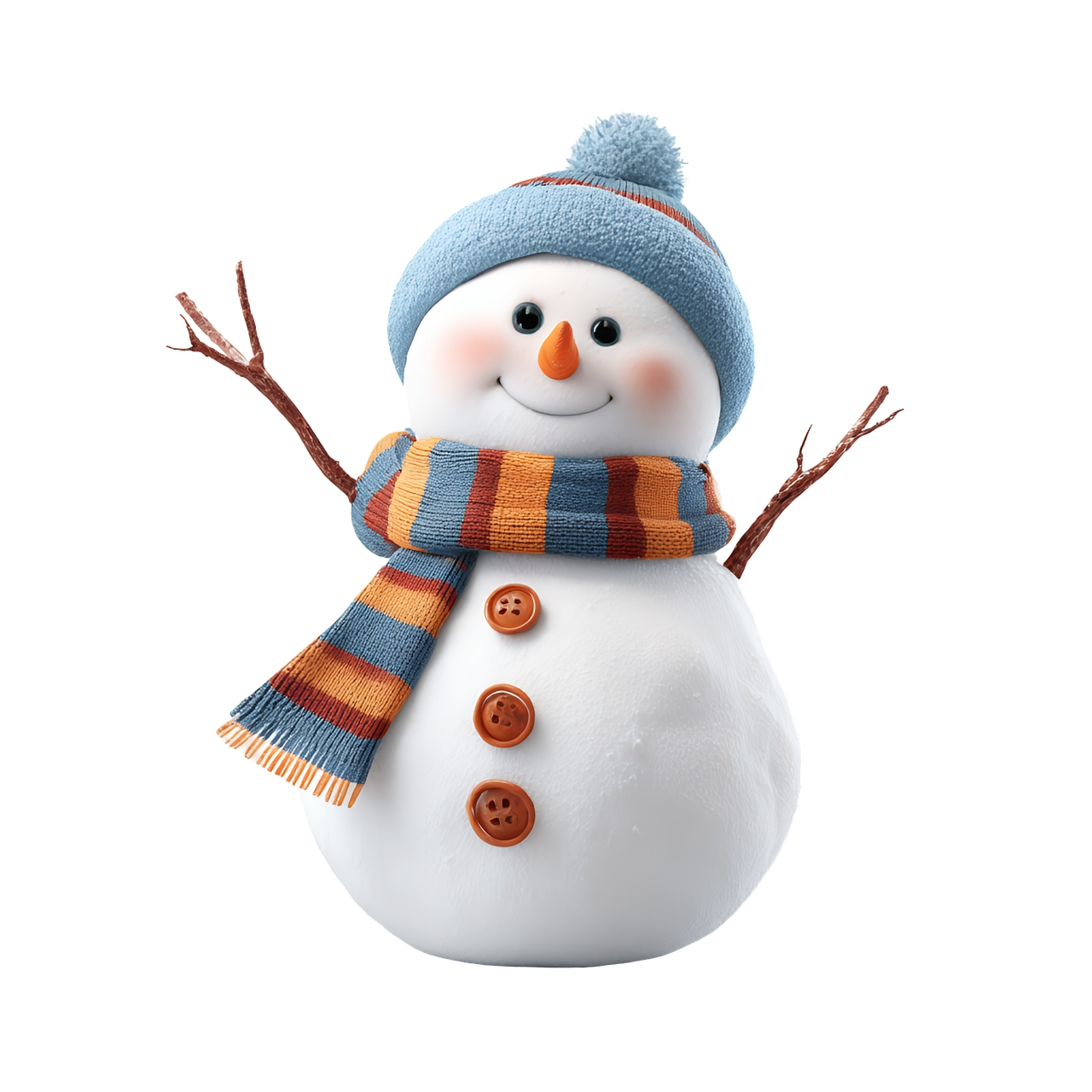 snowman, winter, christmas, holiday, decoration, seasonal, festive, snow, cold, december, carrot, scarf, hat, traditional, character, cheerful, stick, arms, white, blue, orange, striped, buttons, round, ai generated