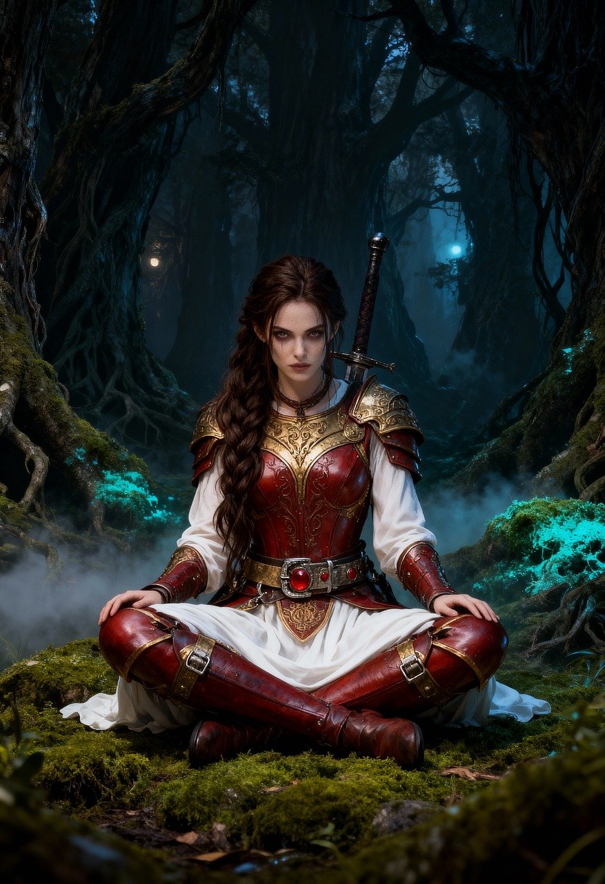 young, woman, beauty, gothic, forest, warrior, sitting, reddish, sword, armor, generated by ai