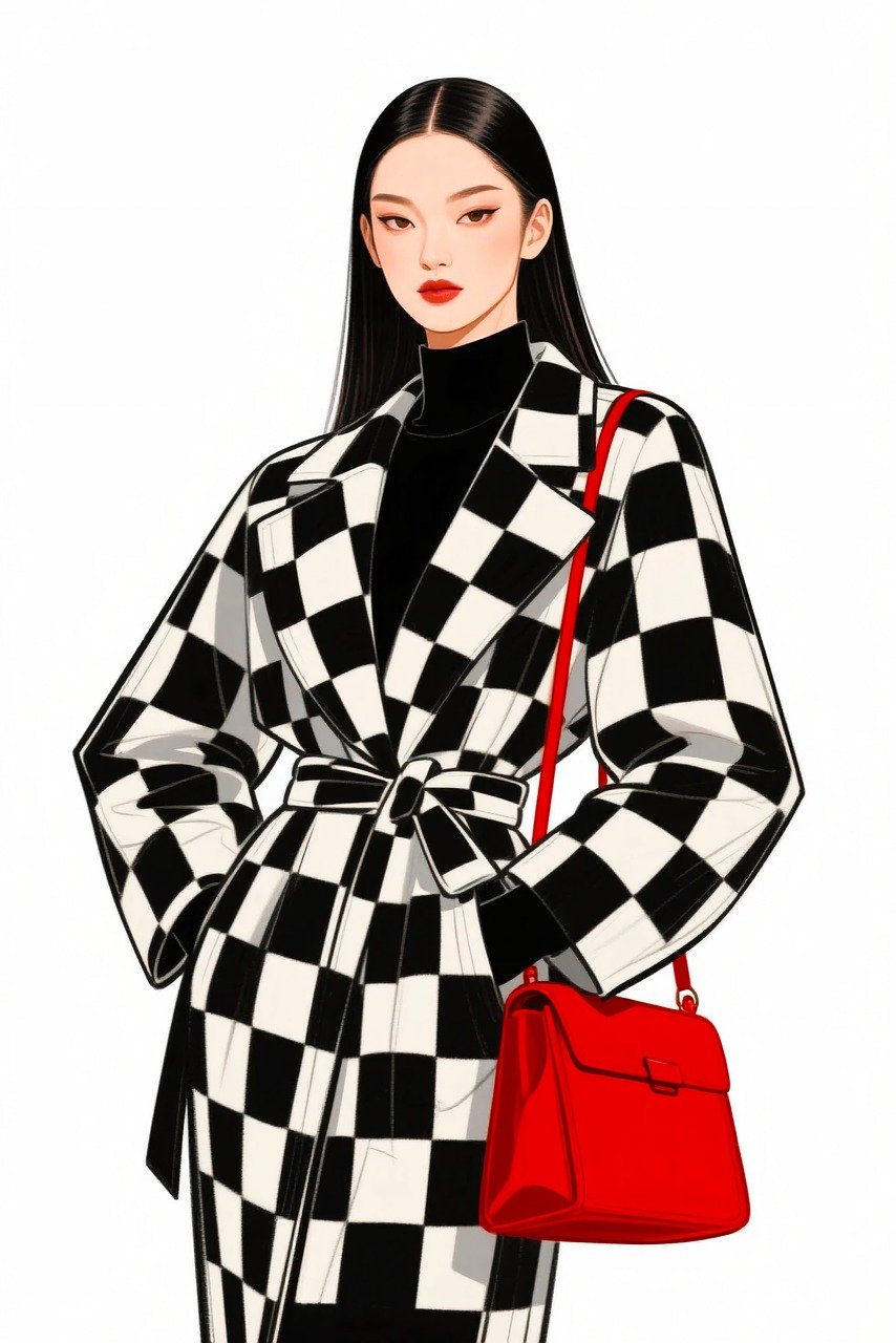 ai generated, elegant woman, checker coat, black and white pattern, statement coat, bold fashion, red handbag, pop of color, high fashion, runway style, minimalist fashion, long straight hair, red lips makeup, fashion portrait, autumn winter style, sophisticated look, graphic design fashion, street couture, fashionista, chic outfit, modern elegance, dramatic style, luxury vibes, stylish outerwear, fashion art