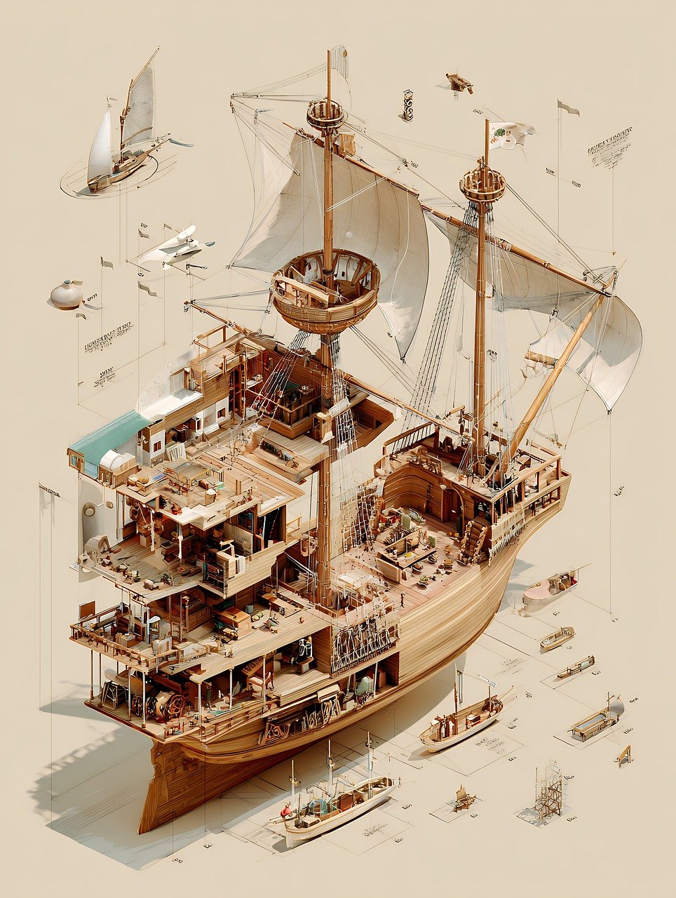 steampunk, airship, isometric, vintage, mechanical, sepia, fantasy, flying, technical, cutaway, retro, transportation, machine, victorian, engineering, aerial, vessel, adventure, steam, wooden, antique, dirigible, blueprint, design, ai generated