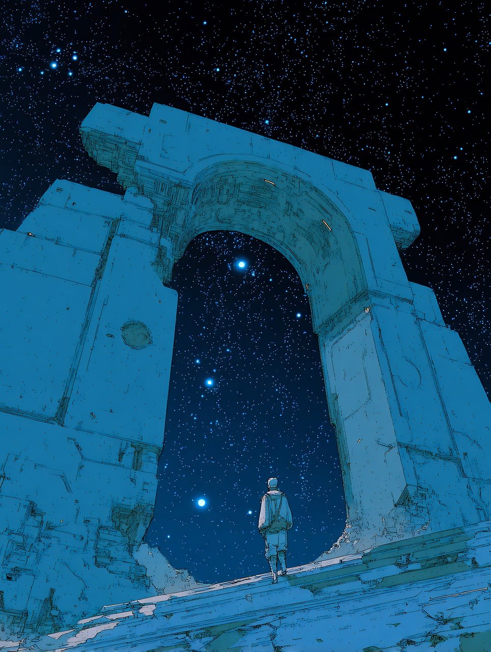 ai generated, arch, ruins, night, stars, astronomy, architecture, heritage, stone, ancient, historical, celestial, dark, starry, monumental, archaeological, gate, doorway, portal, structure, roman, greek, classical, abandoned, mysterious