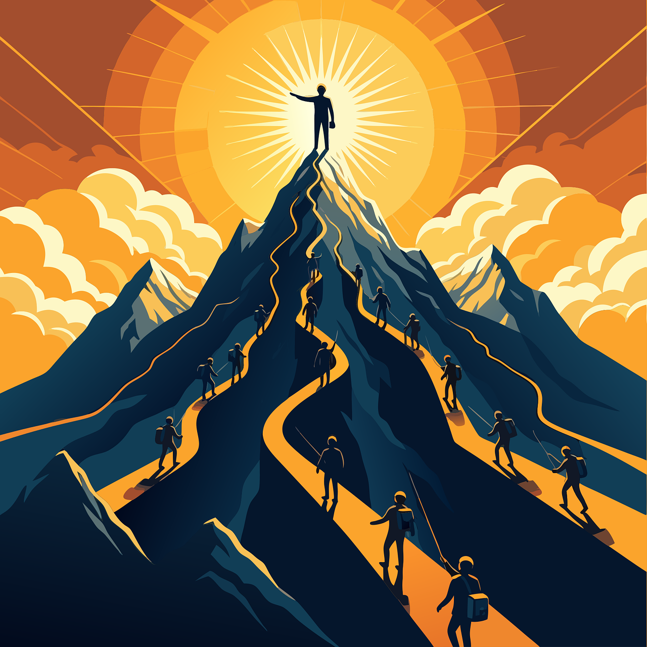 leader, nature, victory, reference point, guru, mountain, people, light, clouds, ai generated