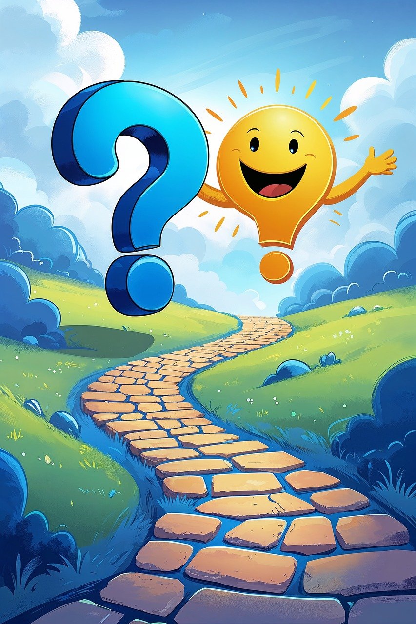 question mark, exclamation point, path, cartoon, creativity, brainstorming, journey, discovery, ideas, solution, curiosity, thinking, imagination, knowledge, adventure, cheerful, light bulb, choice, guidance, puzzle, ai generated